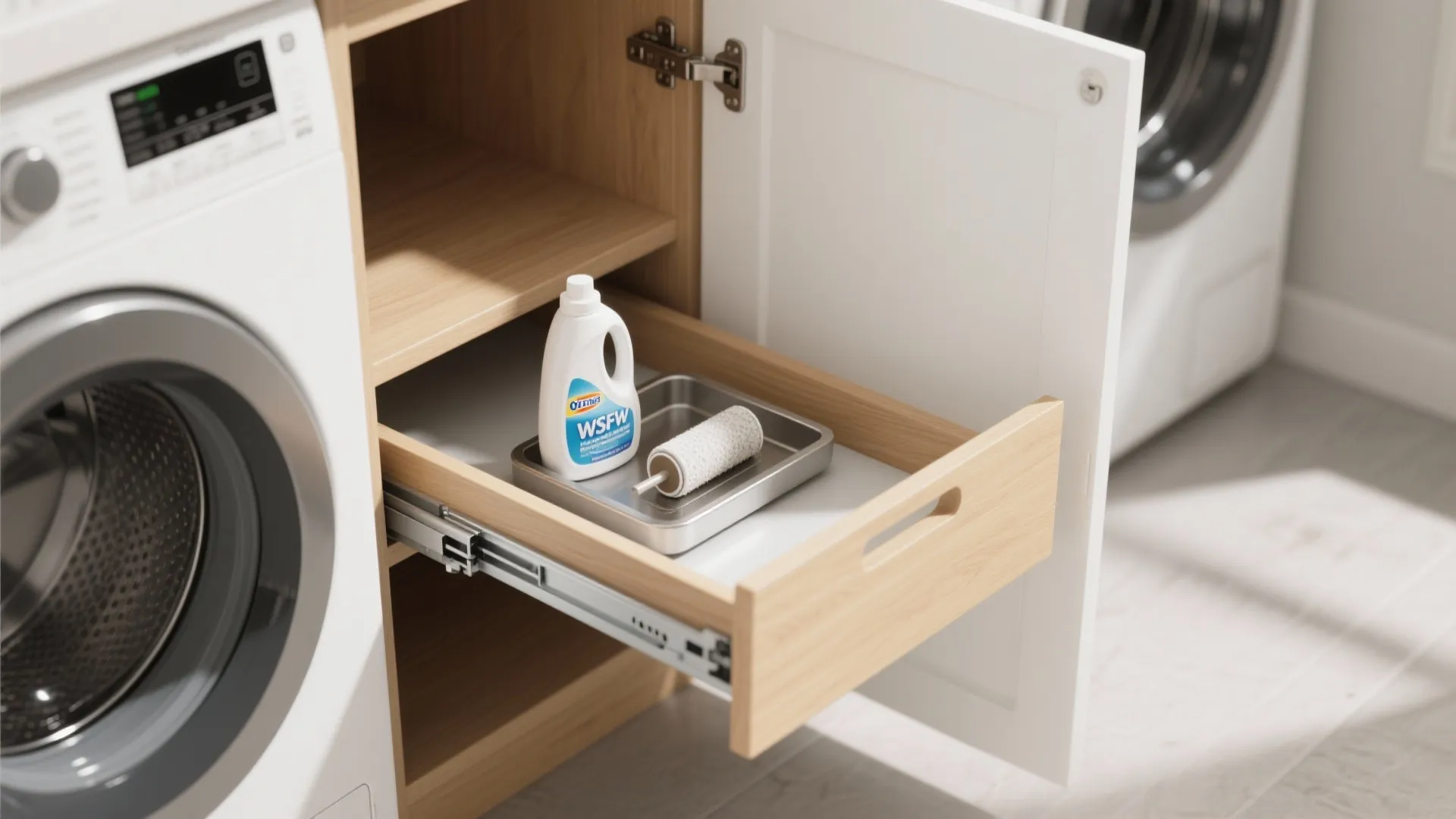 White washing machine next to wood cabinet with open pull out drawer holding laundry detergent