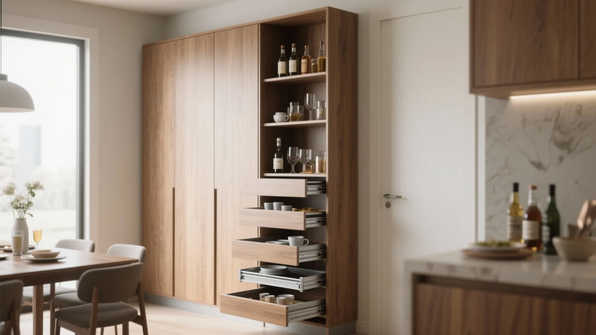 Tall wooden kitchen cabinet with several open pull out drawers containing bottles and small cups