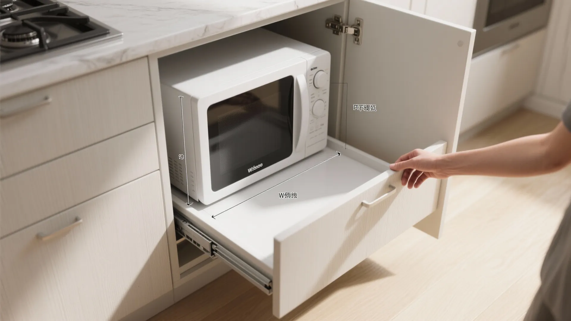 Hand pulling out a white kitchen cabinet drawer with a microwave inside and dimension lines