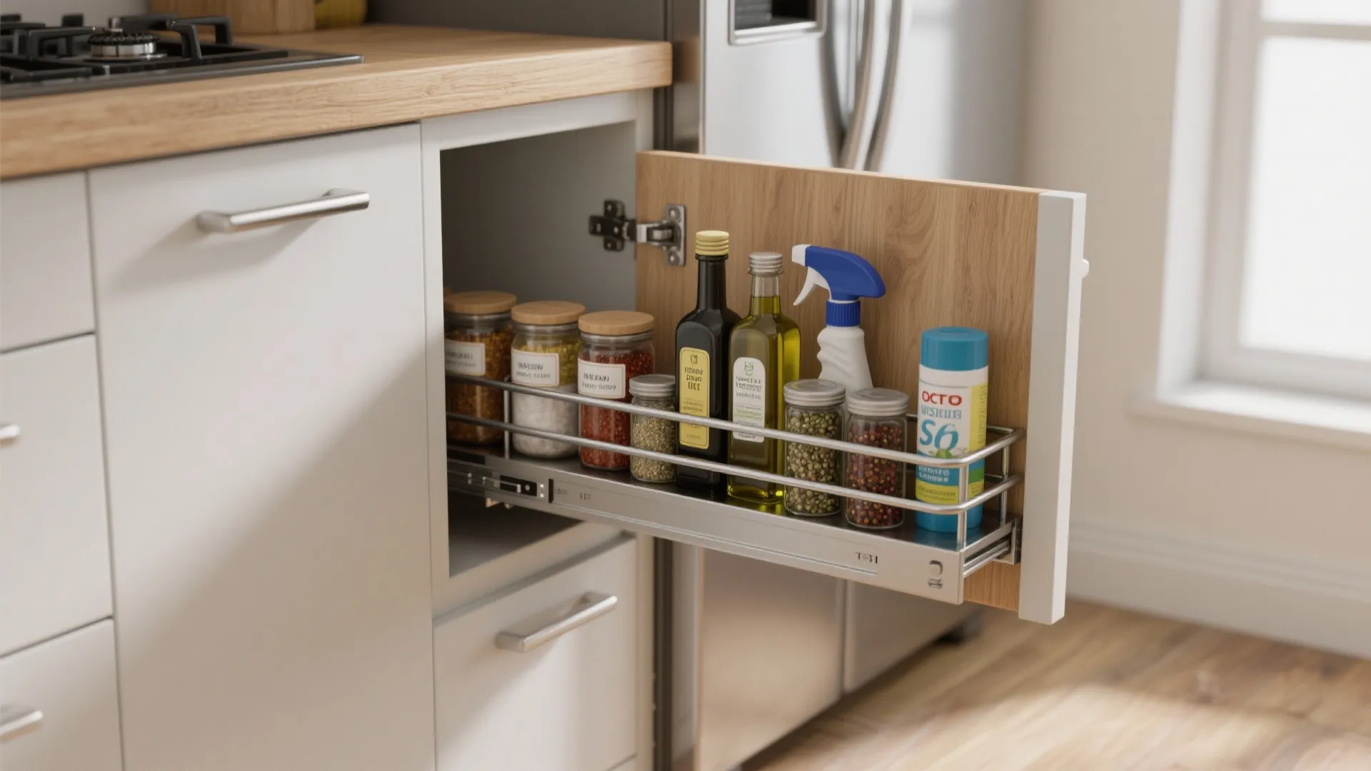 Kitchen cabinet with pull out metal rack holding spice jars oil bottles and cleaning spray bottle