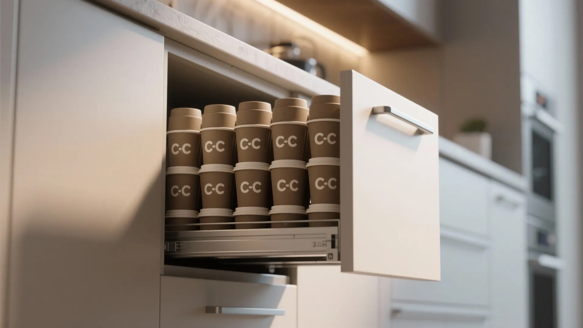 White kitchen cabinet drawer pulled out showing neatly organized brown coffee cups inside storage space