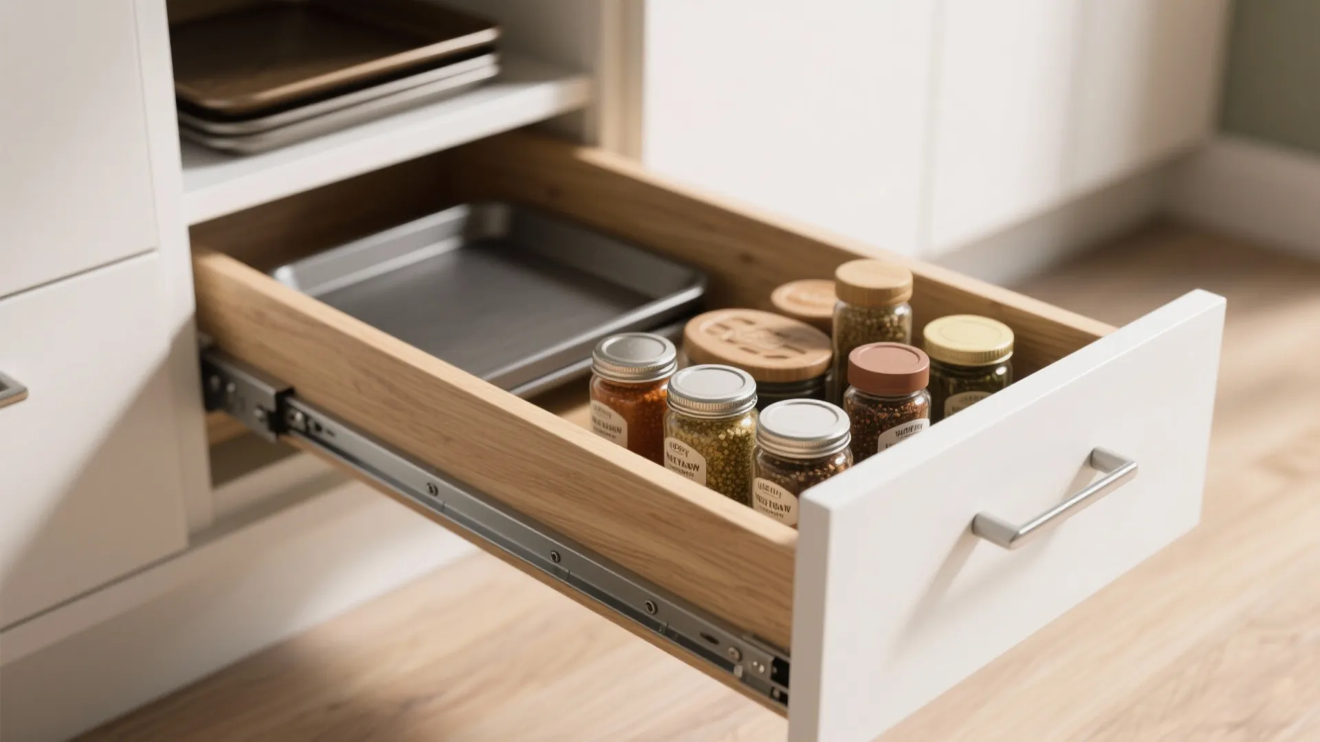 Open white kitchen drawer with wooden interior holding several spice jars and metal baking tray