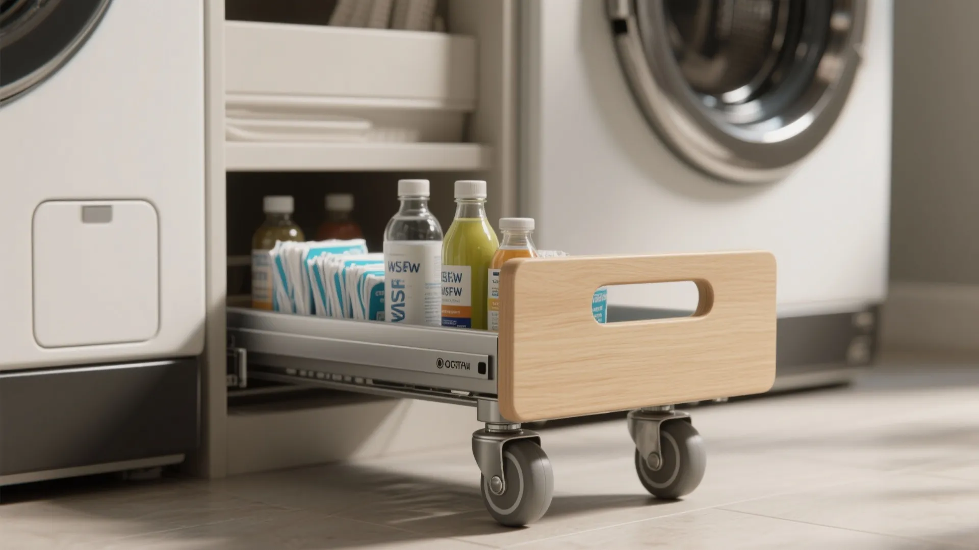 2. Narrow Pull-Out Shelves Between Machines