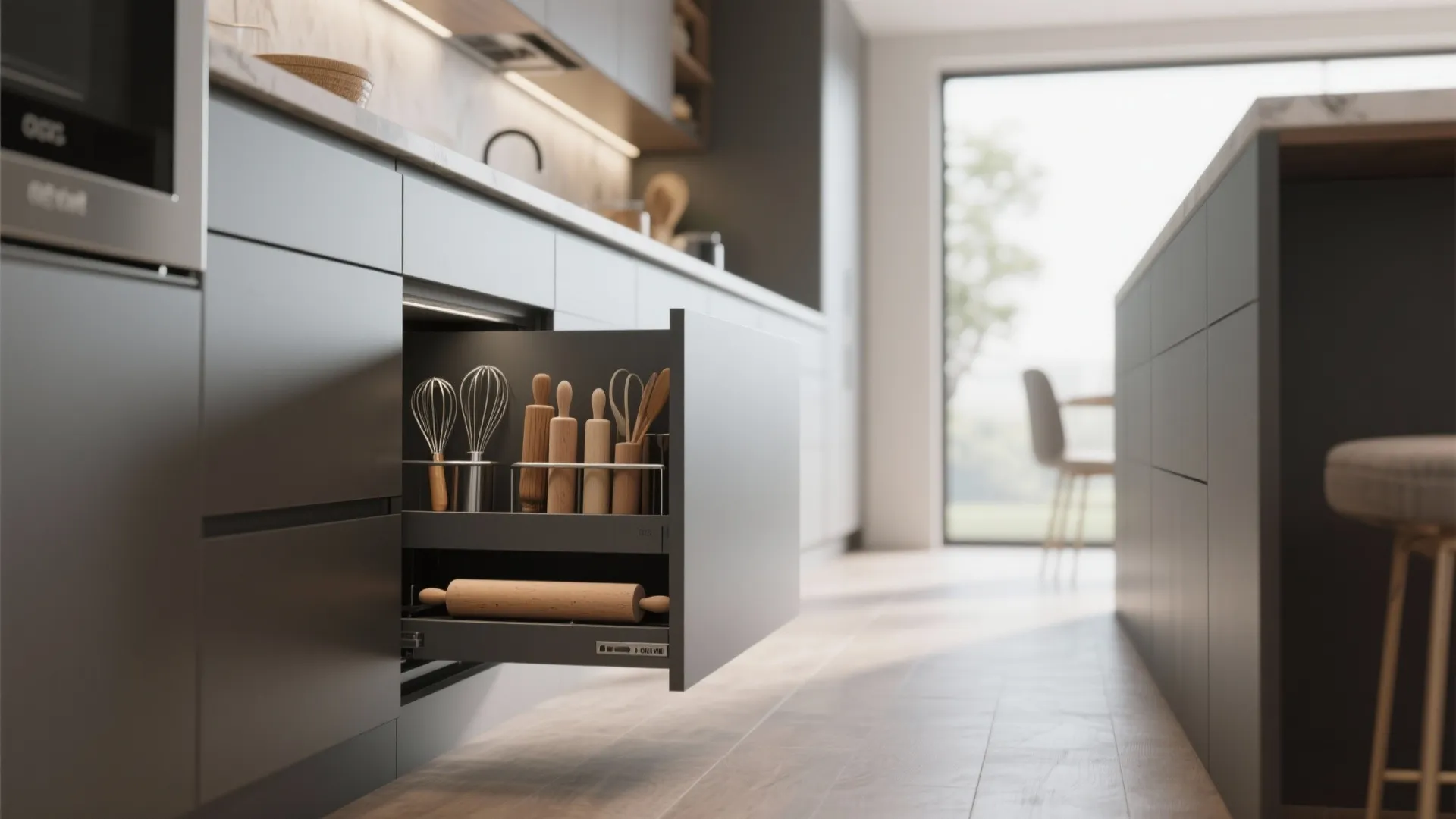 Open dark grey kitchen cabinet drawer holding wooden rolling pins and metal whisks in storage