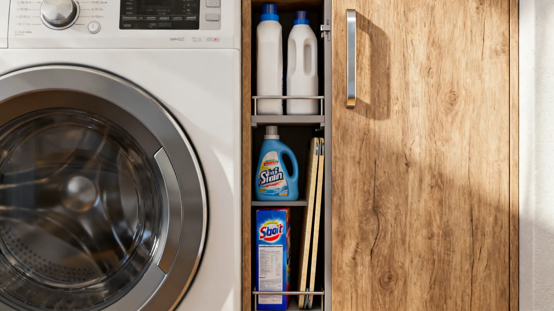 Slim pull-out cabinet beside a top-load washer holding tall bottles and laundry supplies.