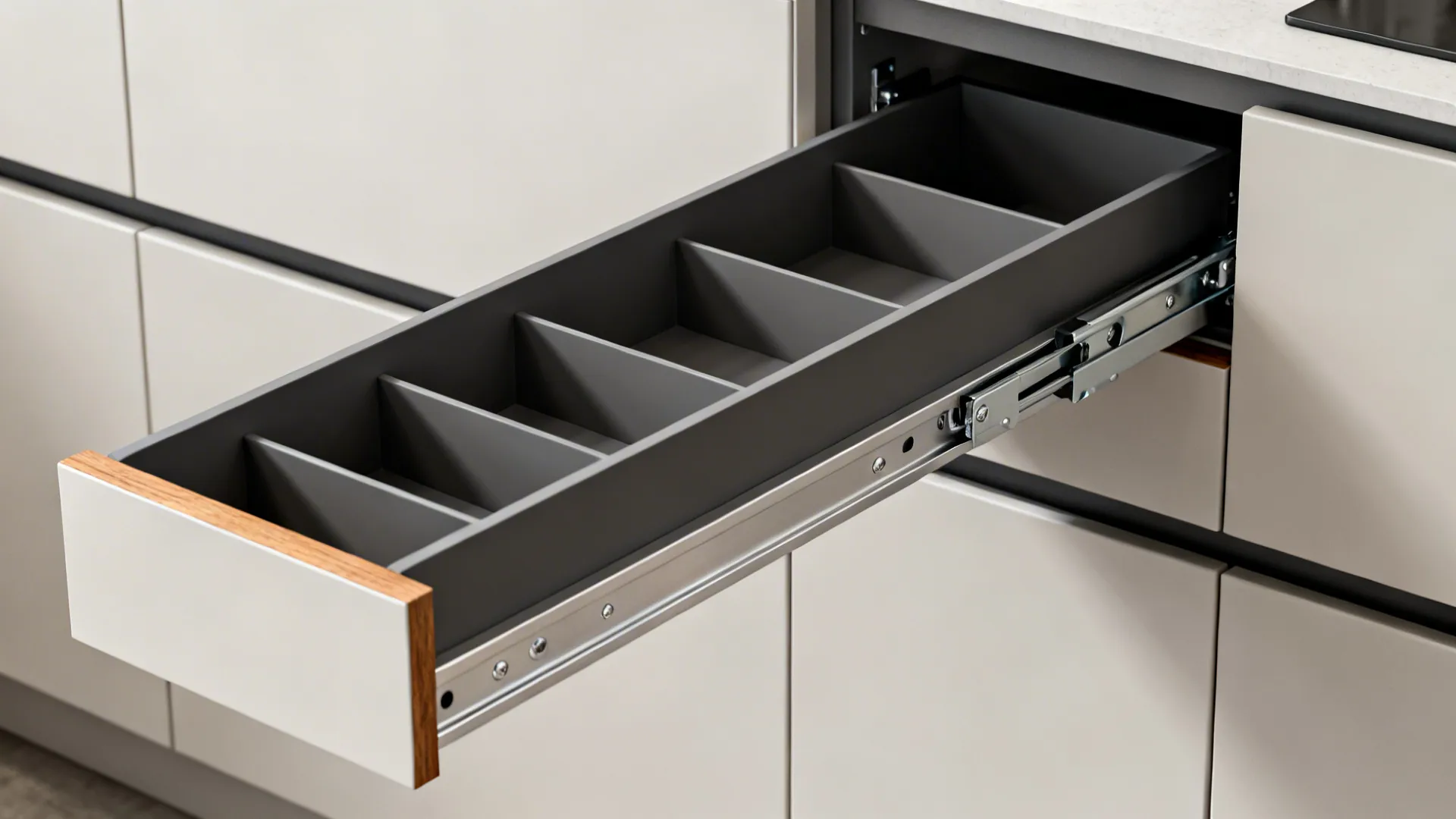 Close-up of narrow spice pull-out and deep drawers with soft-close hardware in a small kitchen.