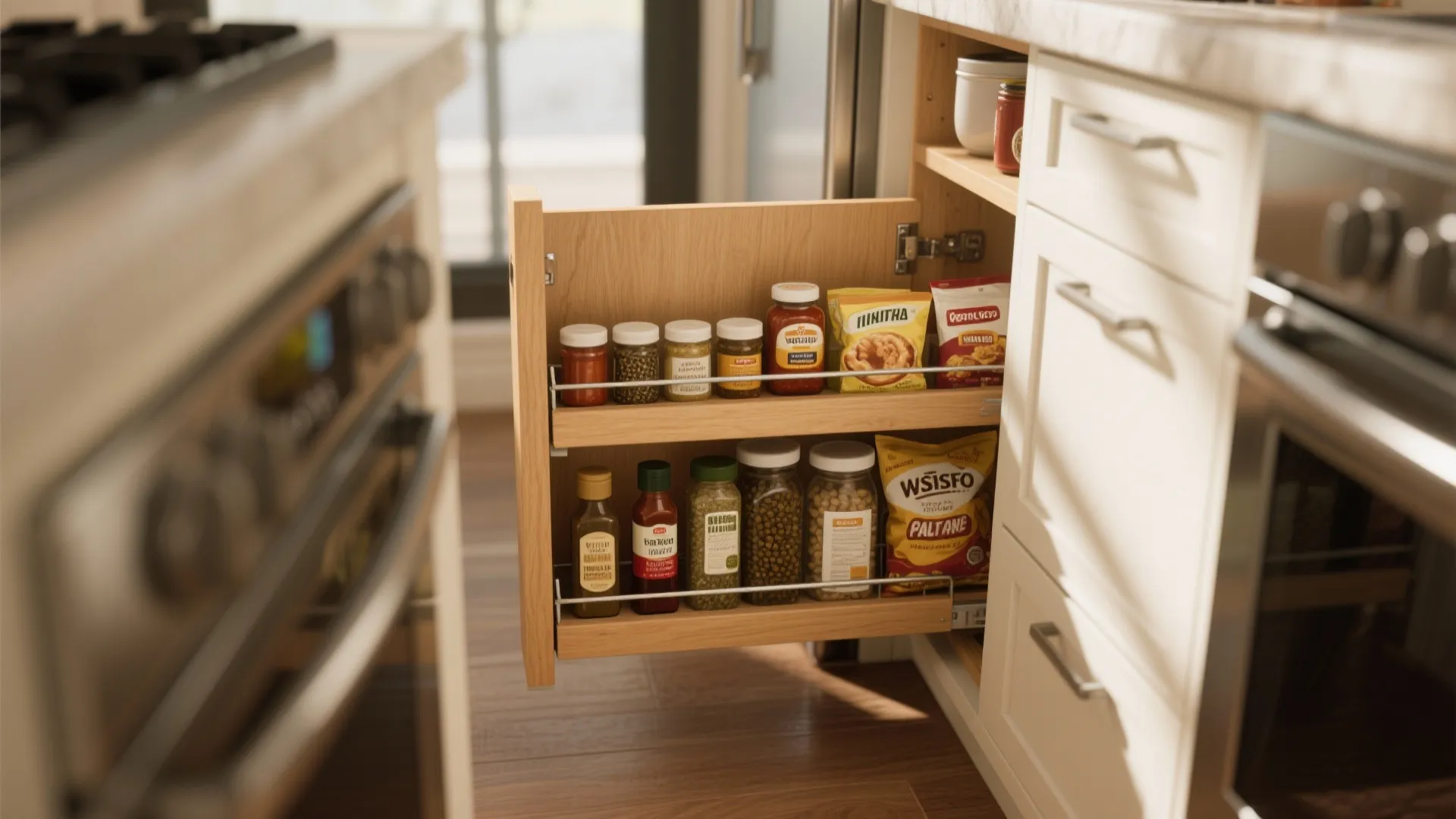 Pull out wooden kitchen cabinet shelf holding various spice jars and snack bags in white kitchen