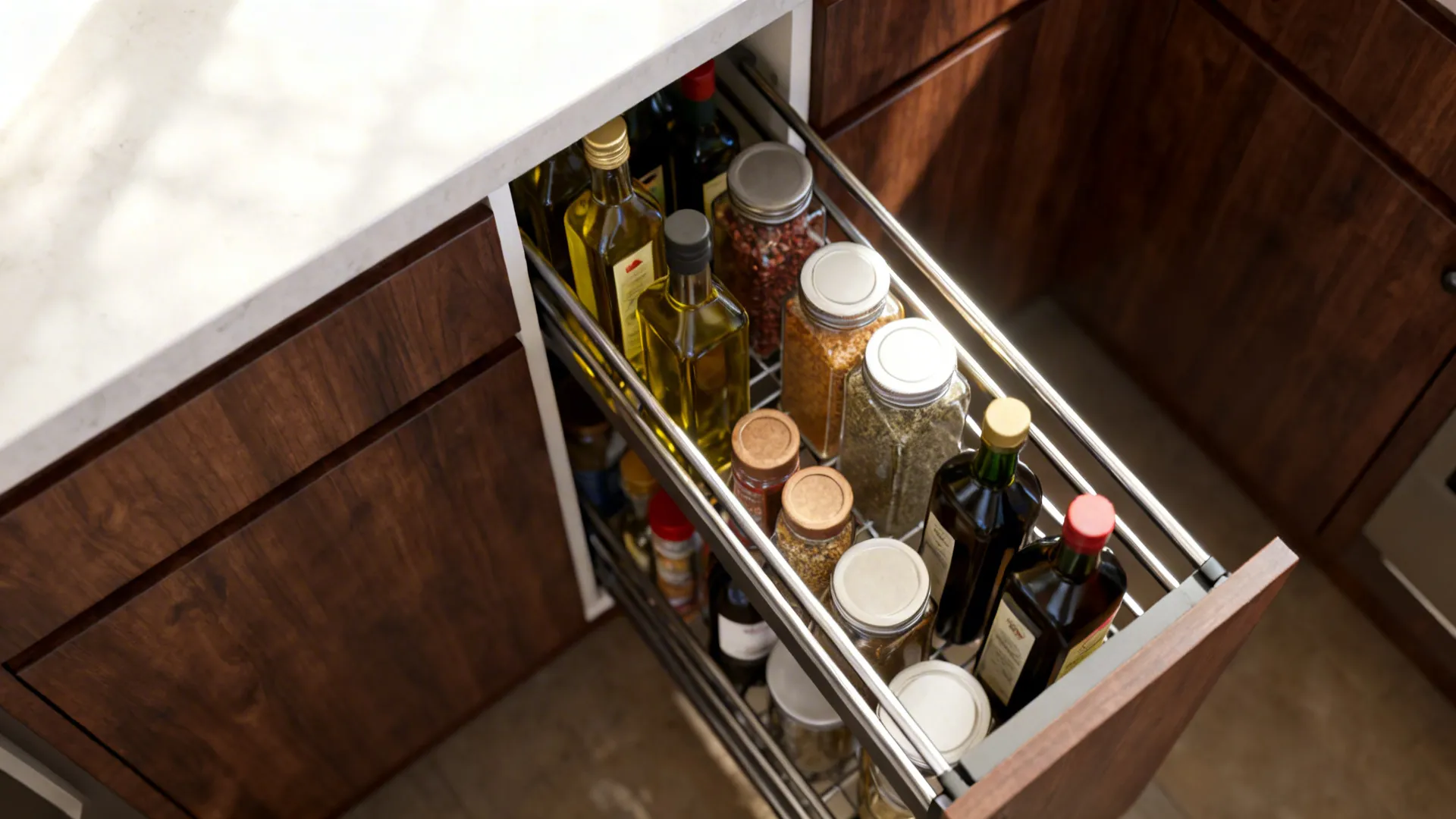 Slim pull-out pantry storing oils and spices in a narrow galley space