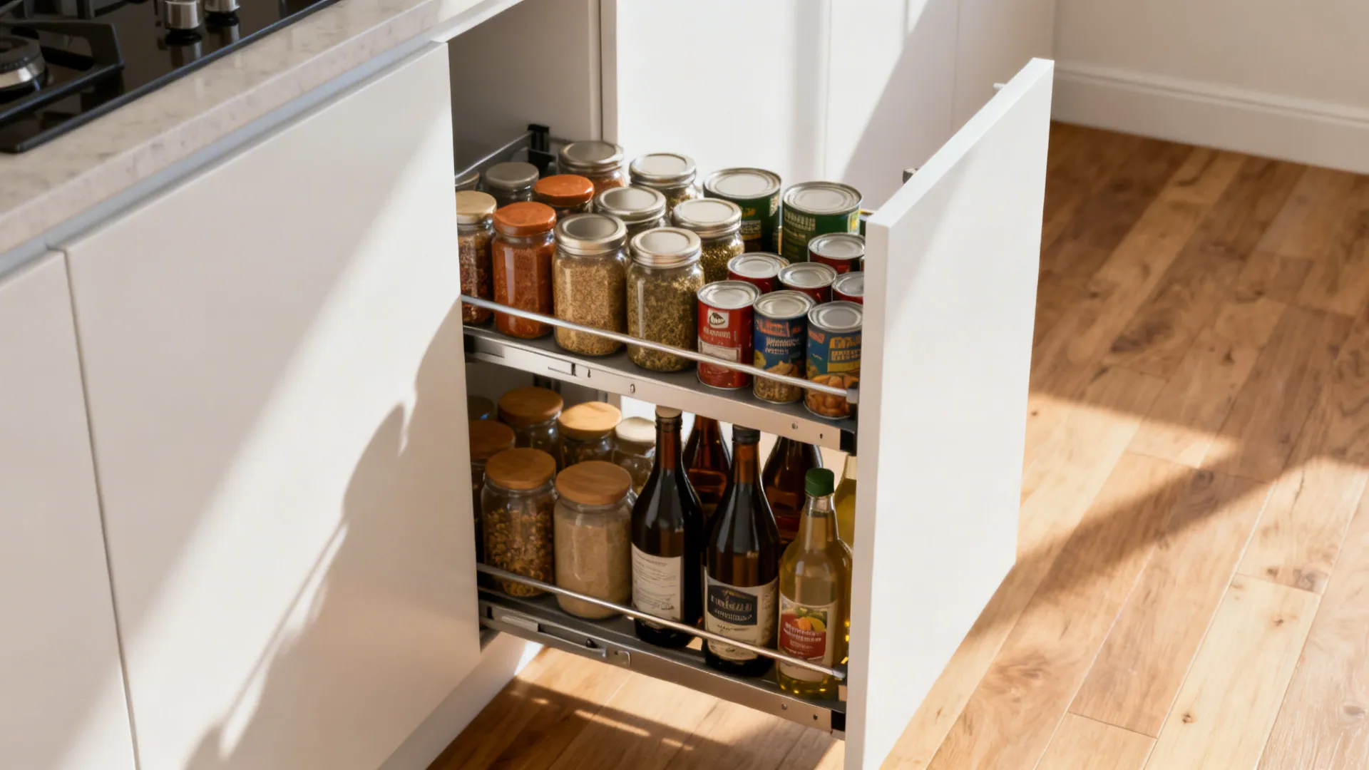 Narrow pull-out pantry with organized spices and cans in a modern small kitchen.