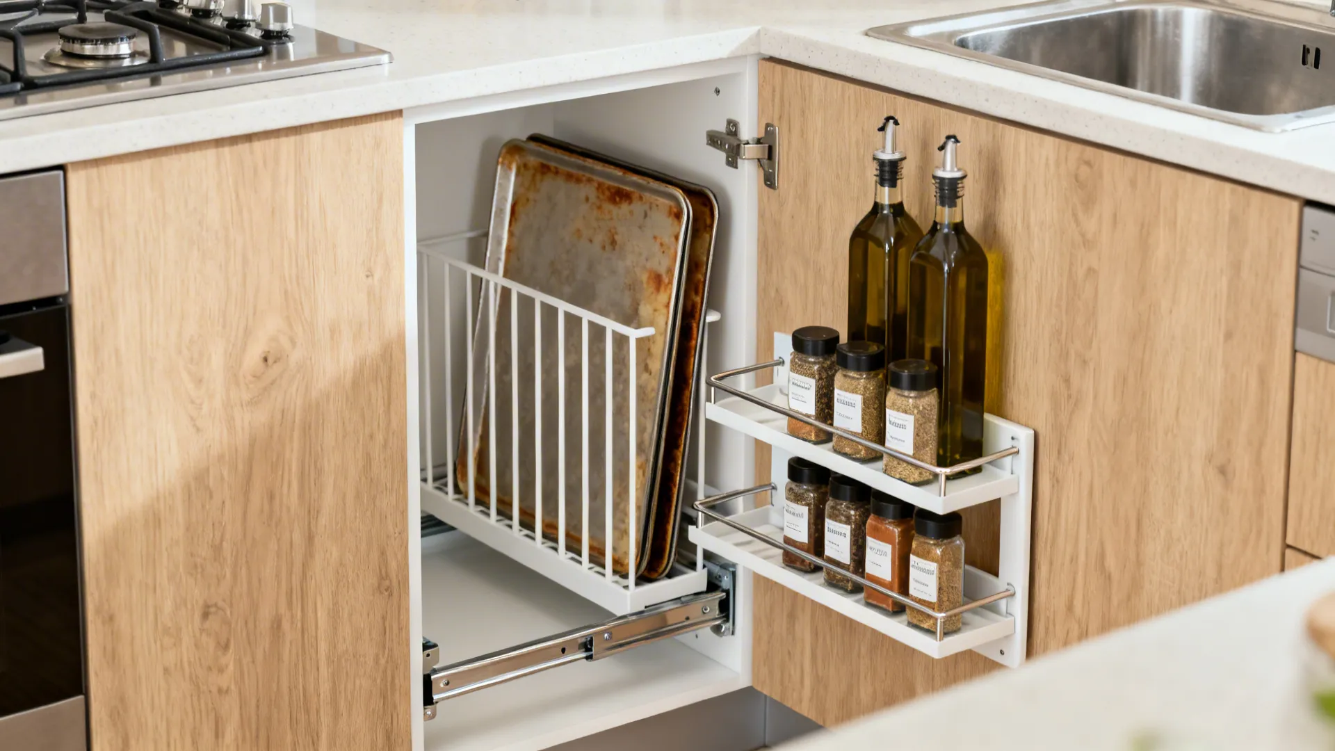 Narrow pull-out base cabinet with spice tiers, oil bottles, and vertical dividers for trays in a small kitchen.