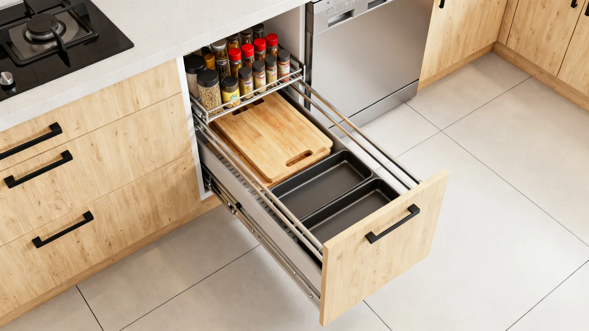 Top-down view of a 30 cm pull-out pantry with spices and trays extended in a compact base cabinet.