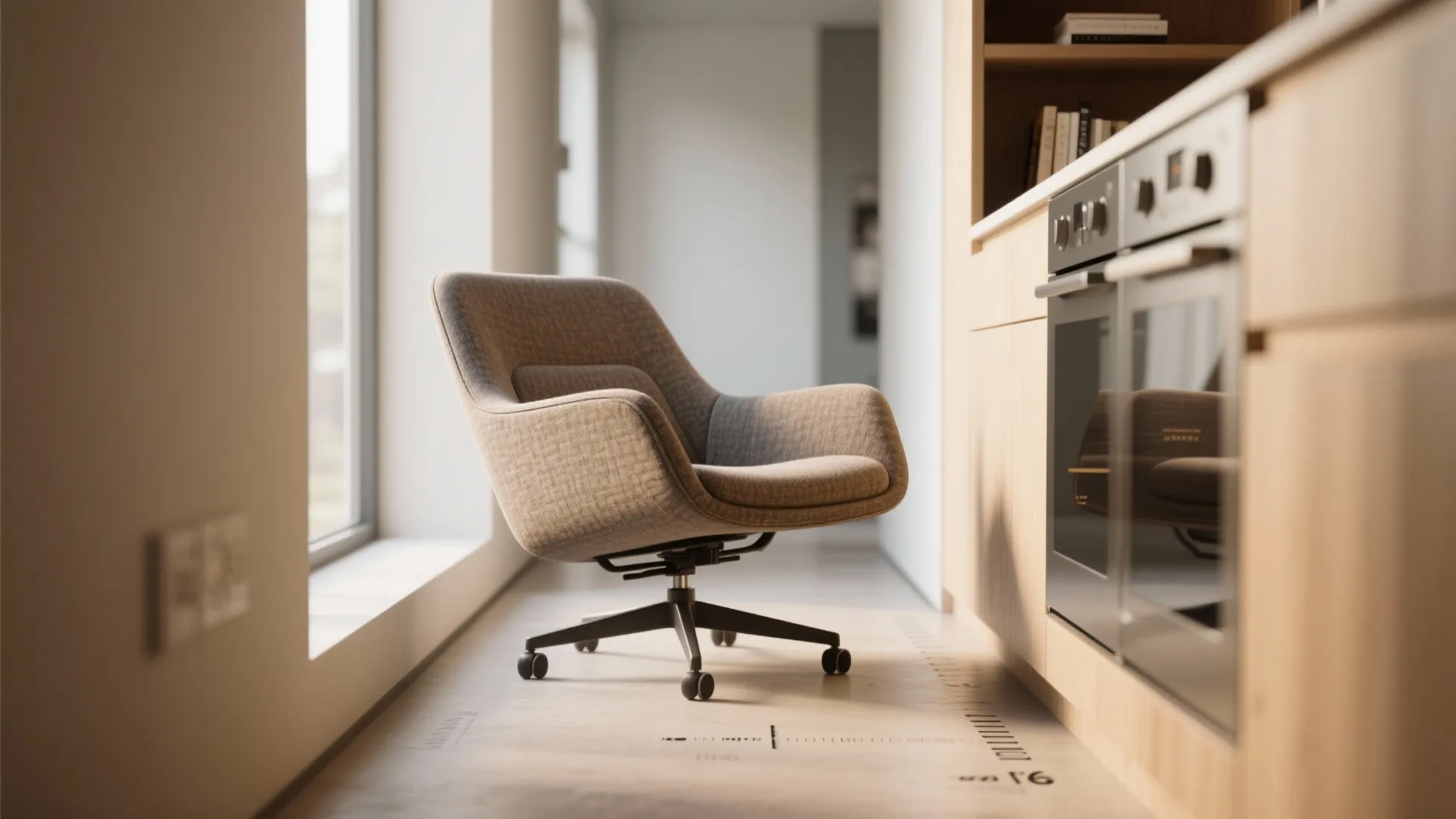 Narrow-bodied reclining swivel chair in a long reading nook, showing recline and pathway clearance.