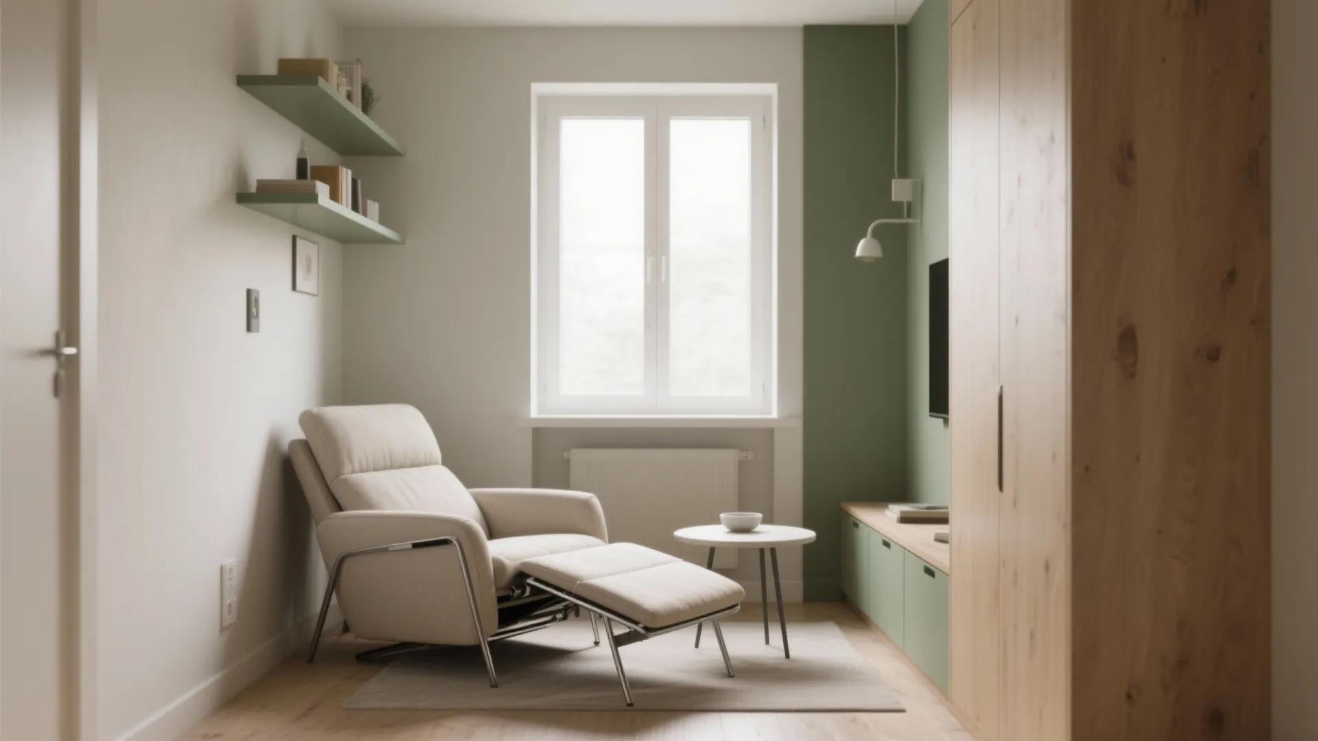 Modern small room with beige recliner chair wooden cabinet green wall accent and large window