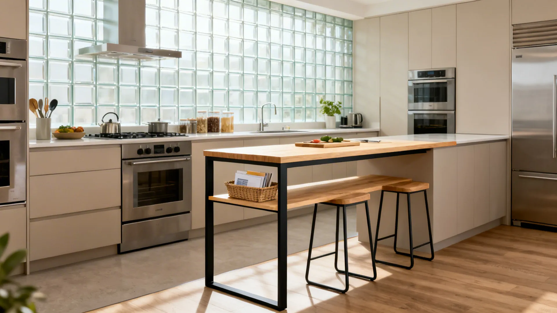 Narrow rectangular table as an island substitute