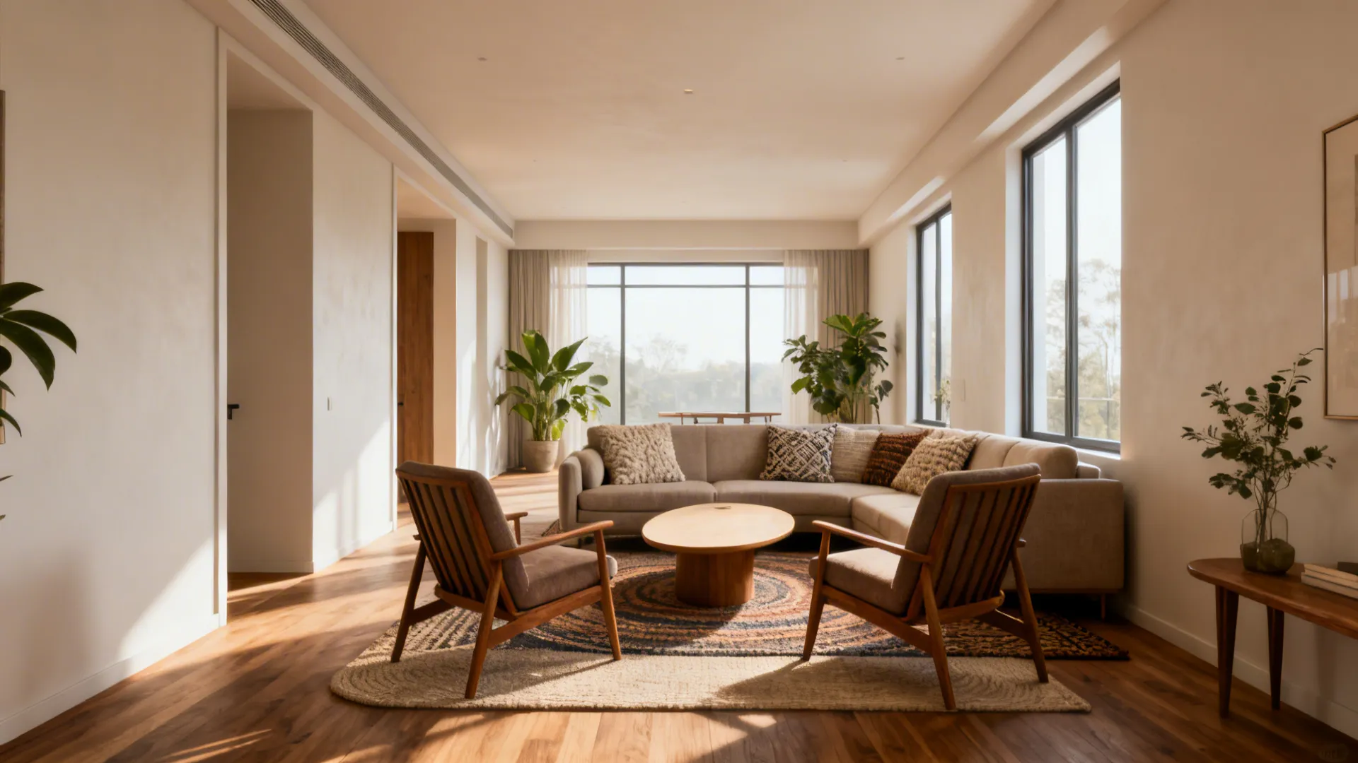 Long narrow living room layout with beige sofa two wooden chairs round table and windows