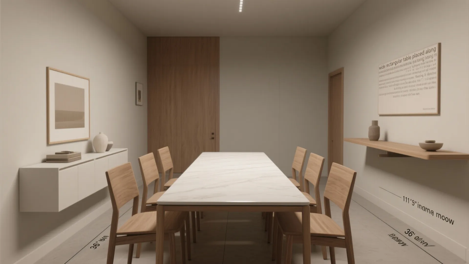 Modern dining room featuring long white marble table with wooden chairs and minimalist wall cabinet