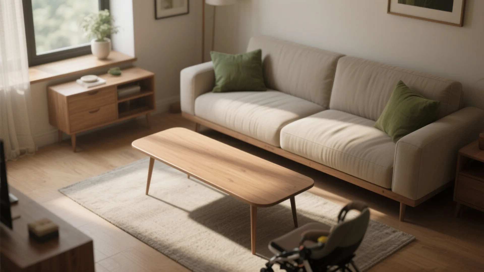 Beige sofa with green pillows next to a wooden rectangular coffee table on a rug