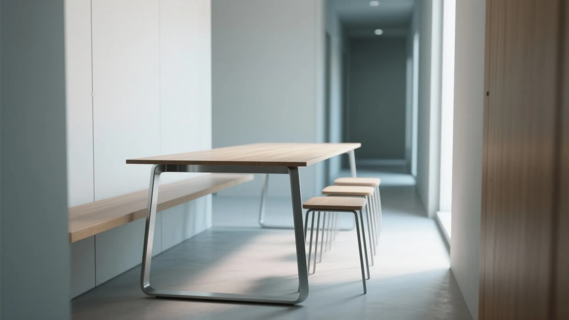 Minimalist wood dining table with three matching stools placed in a narrow white hallway space