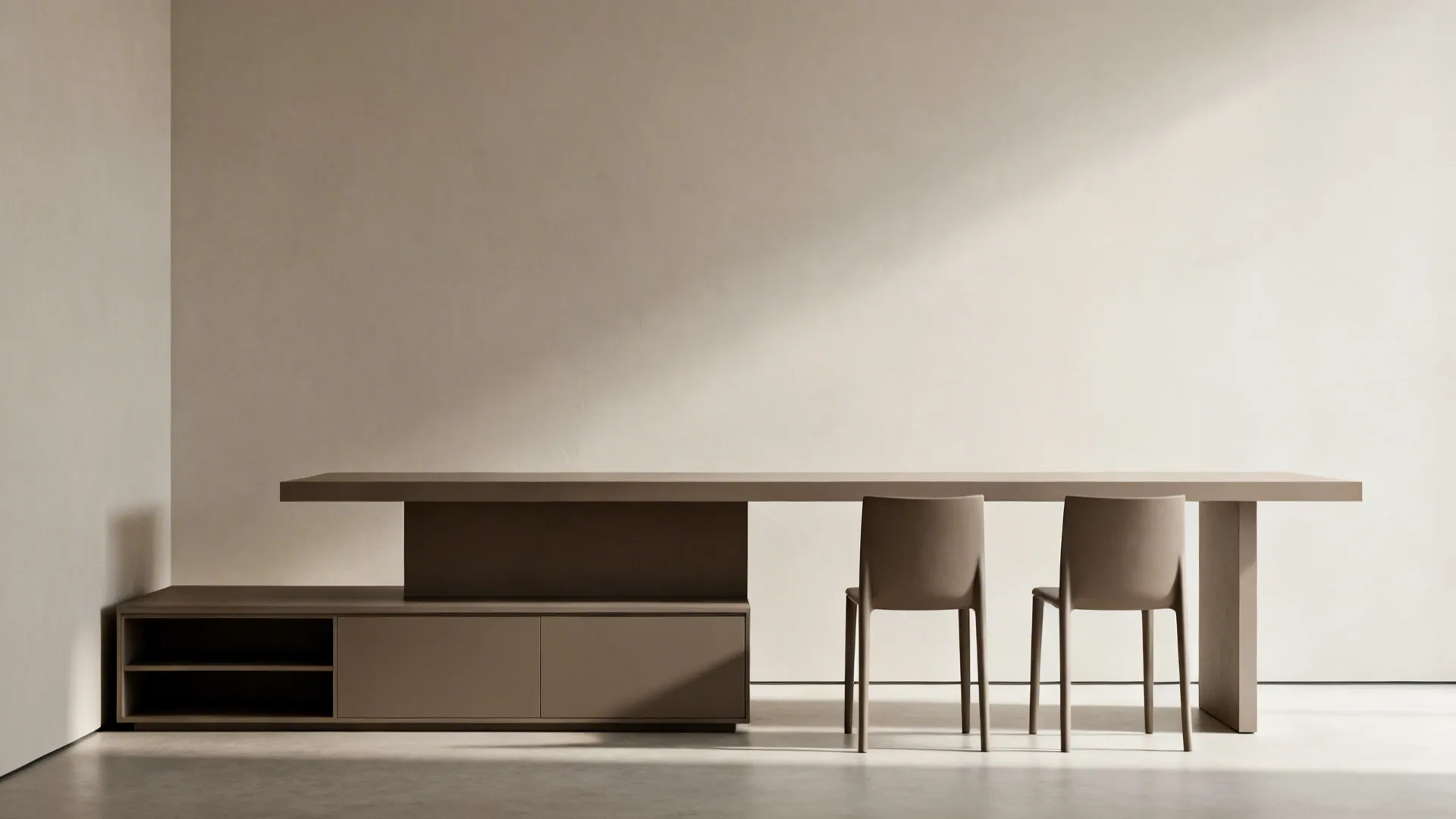 Long brown table with two chairs in minimalist room with neutral walls and soft sunlight