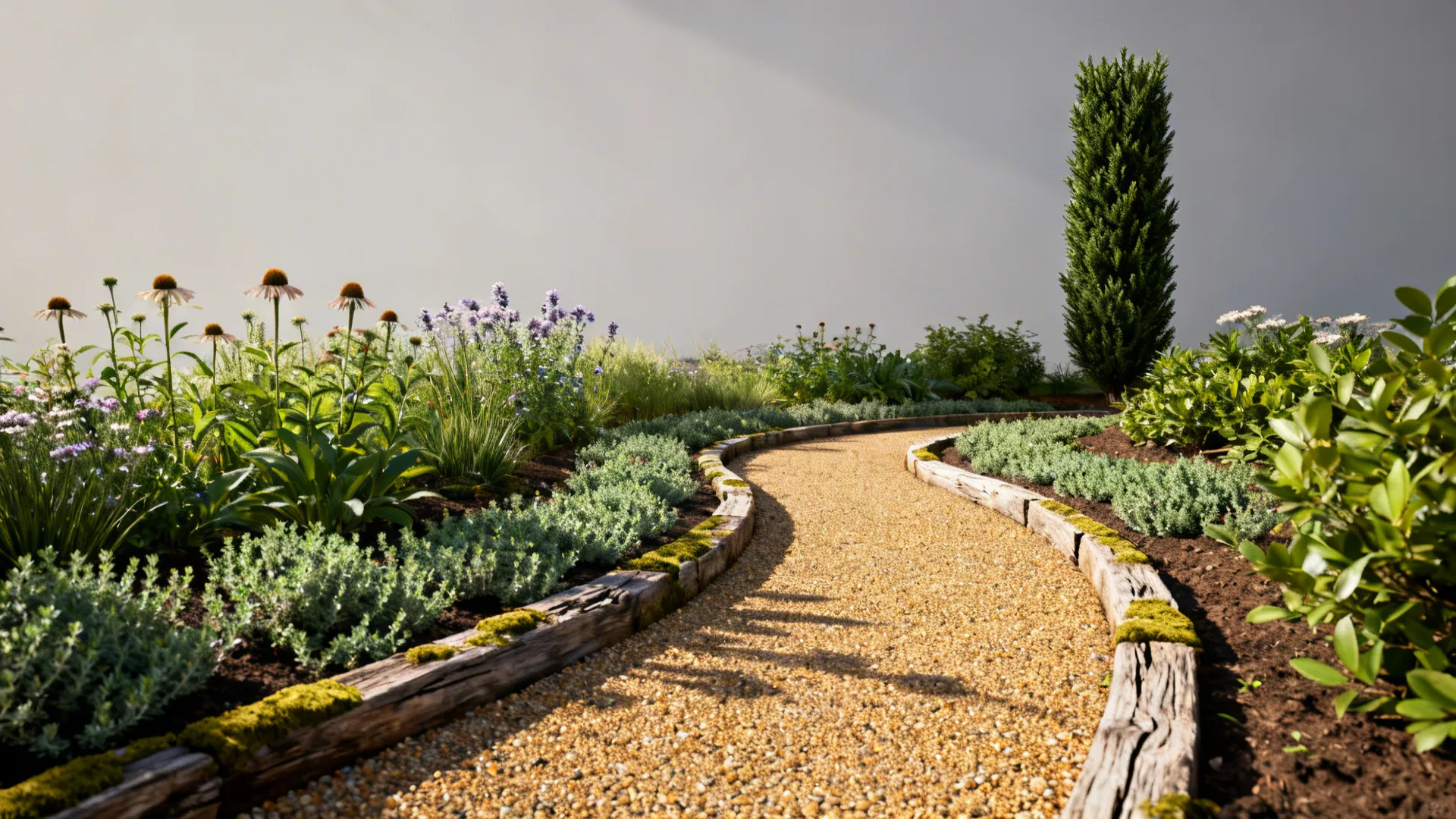 Sinuous narrow decomposed granite path with layered plantings and timber edging in a small yard.