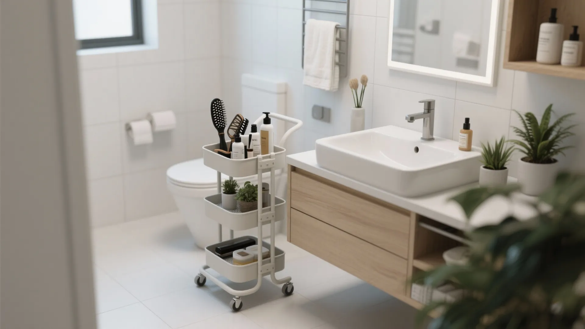2. Narrow Rolling Cart Beside the Sink