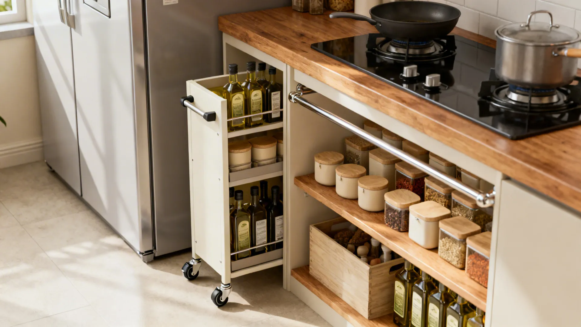 30 cm-wide rolling kitchen cart with locking casters and tidy open shelves beside a fridge.