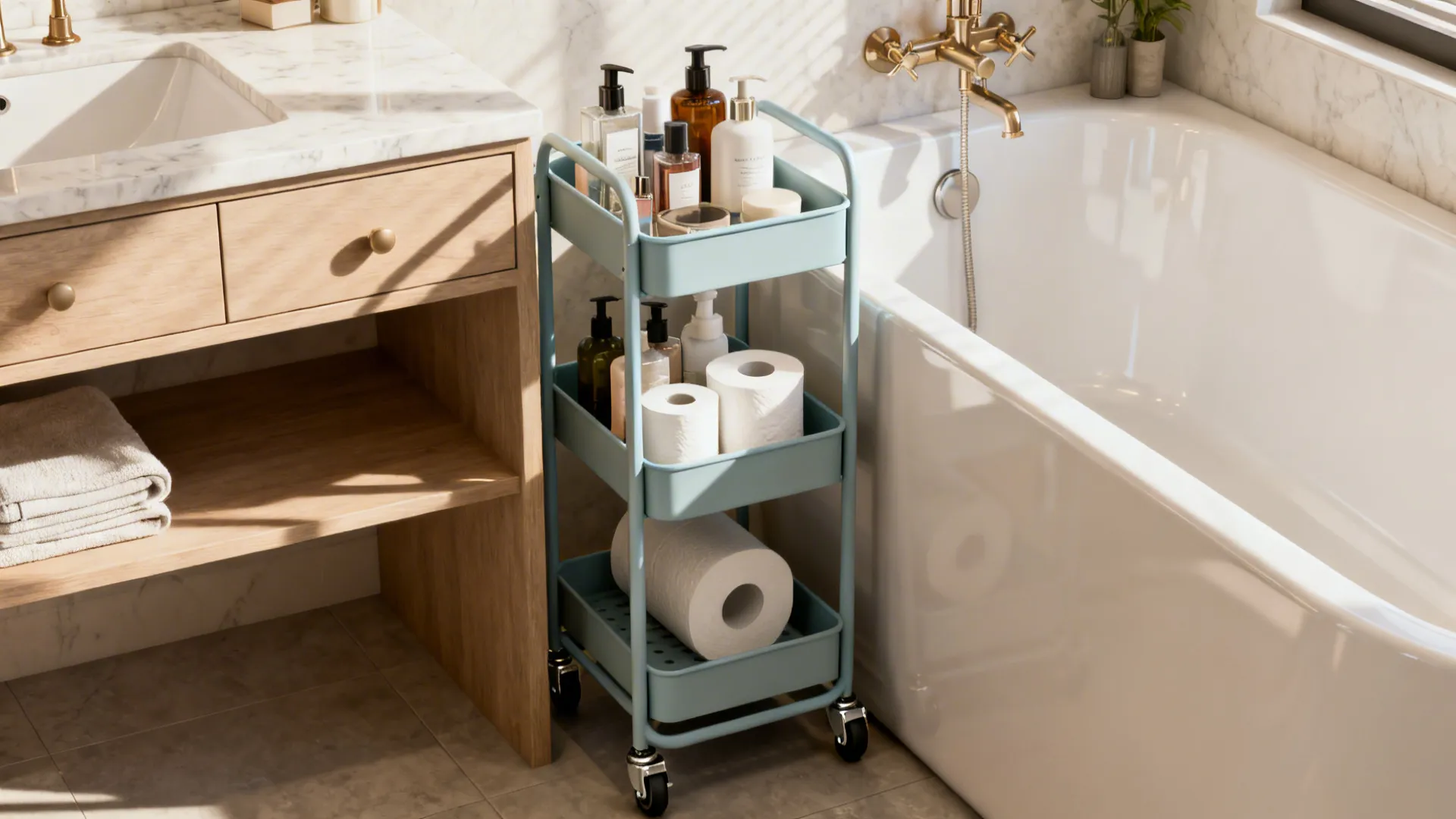 Slim rolling cart tucked between vanity and tub holding toiletries and paper.