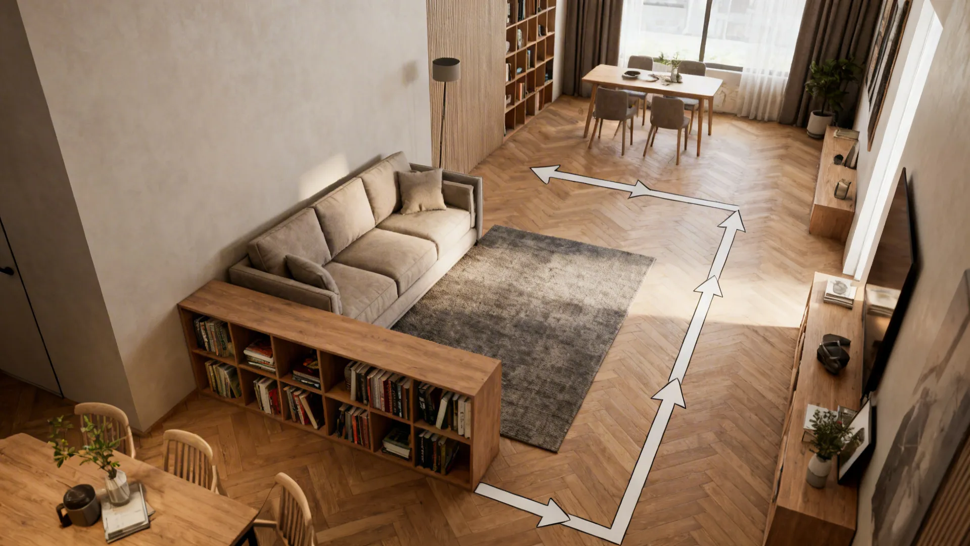 Top-down layout of a long narrow living room using low bookcase dividers and perpendicular seating.