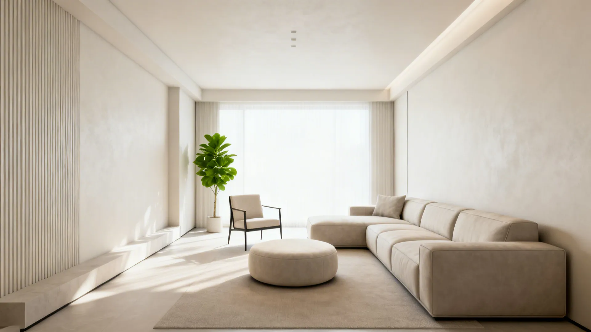 Long narrow living room with sectional loveseat, slim accent chair and round ottoman