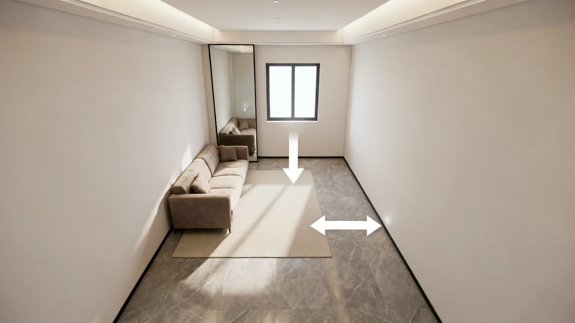 Top-down view of a narrow living room layout with a panel mirror behind the sofa widening the space.