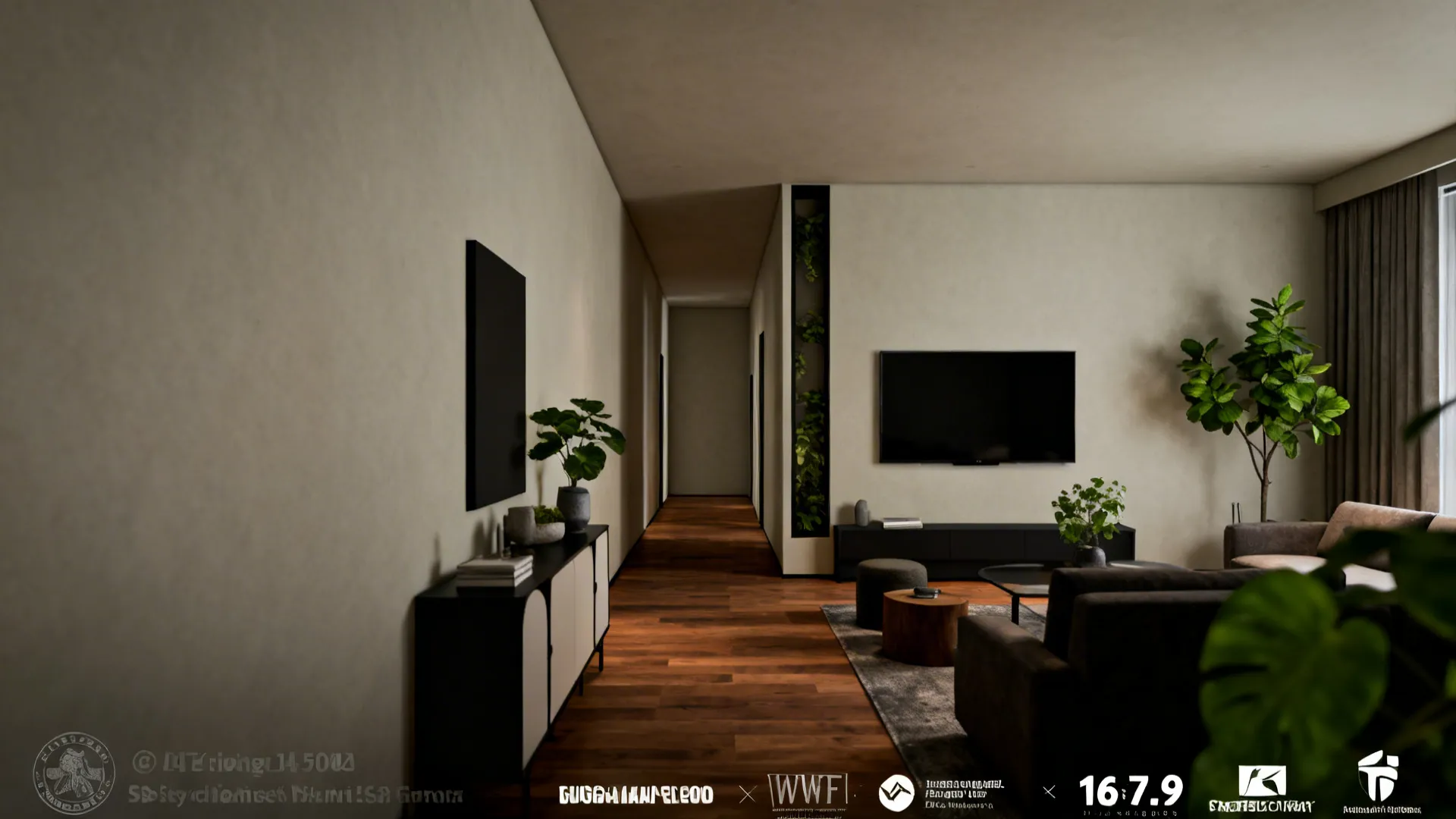 Long narrow living room with a proportionally scaled, taller TV and balanced furniture.