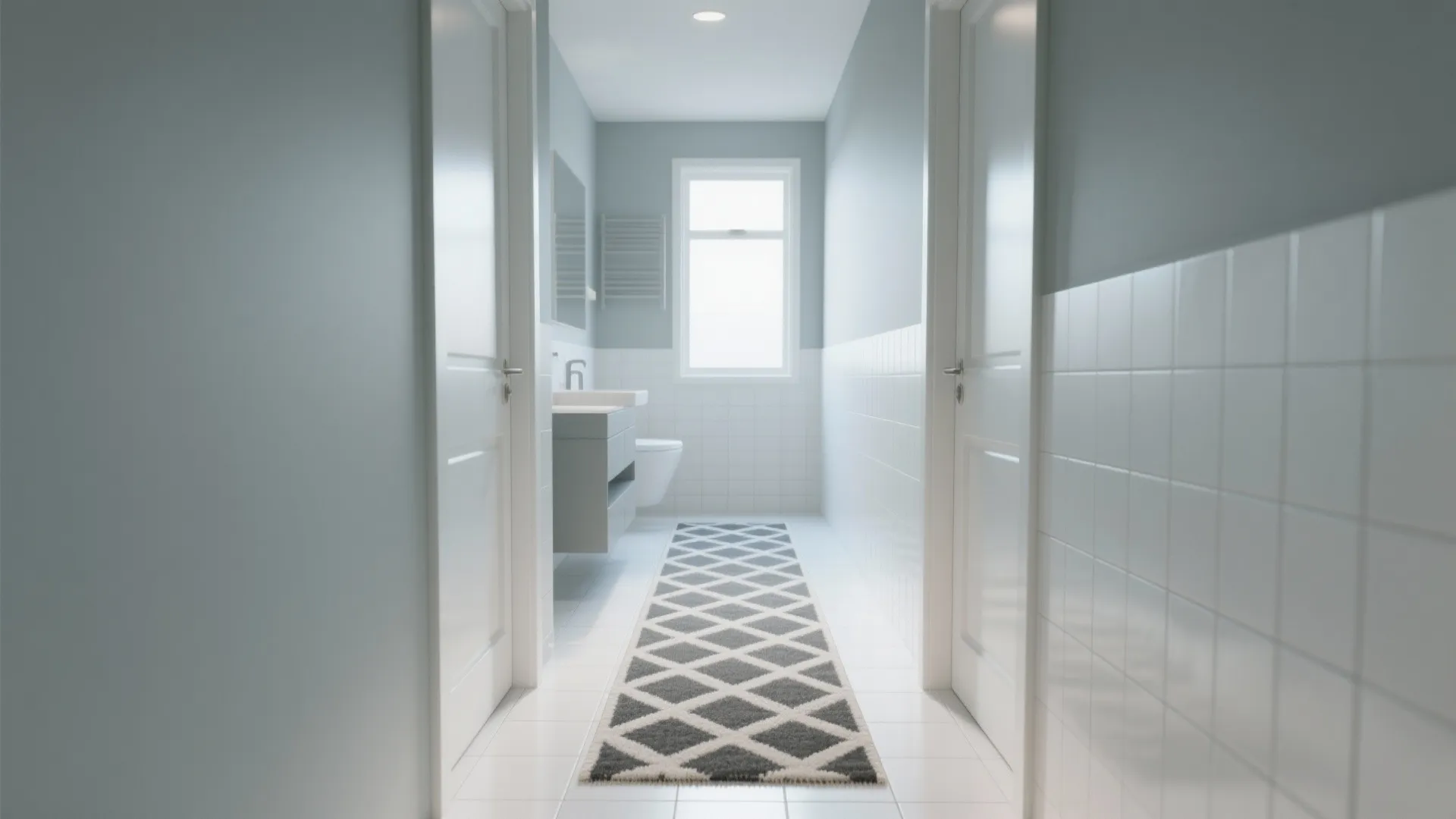 Long narrow bathroom with grey walls white floor tiles vanity toilet and a diamond rug