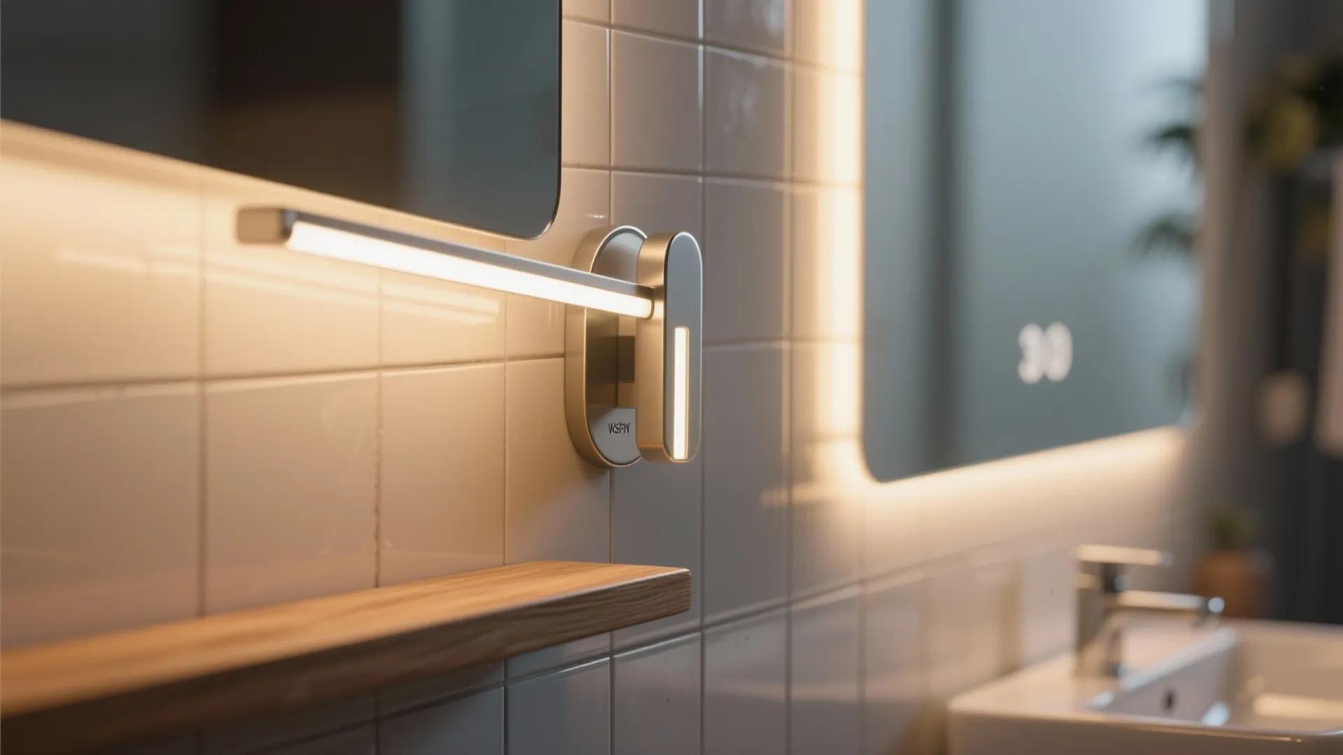 Close up of a sleek metal wall light mounted on white tiles near a bathroom
