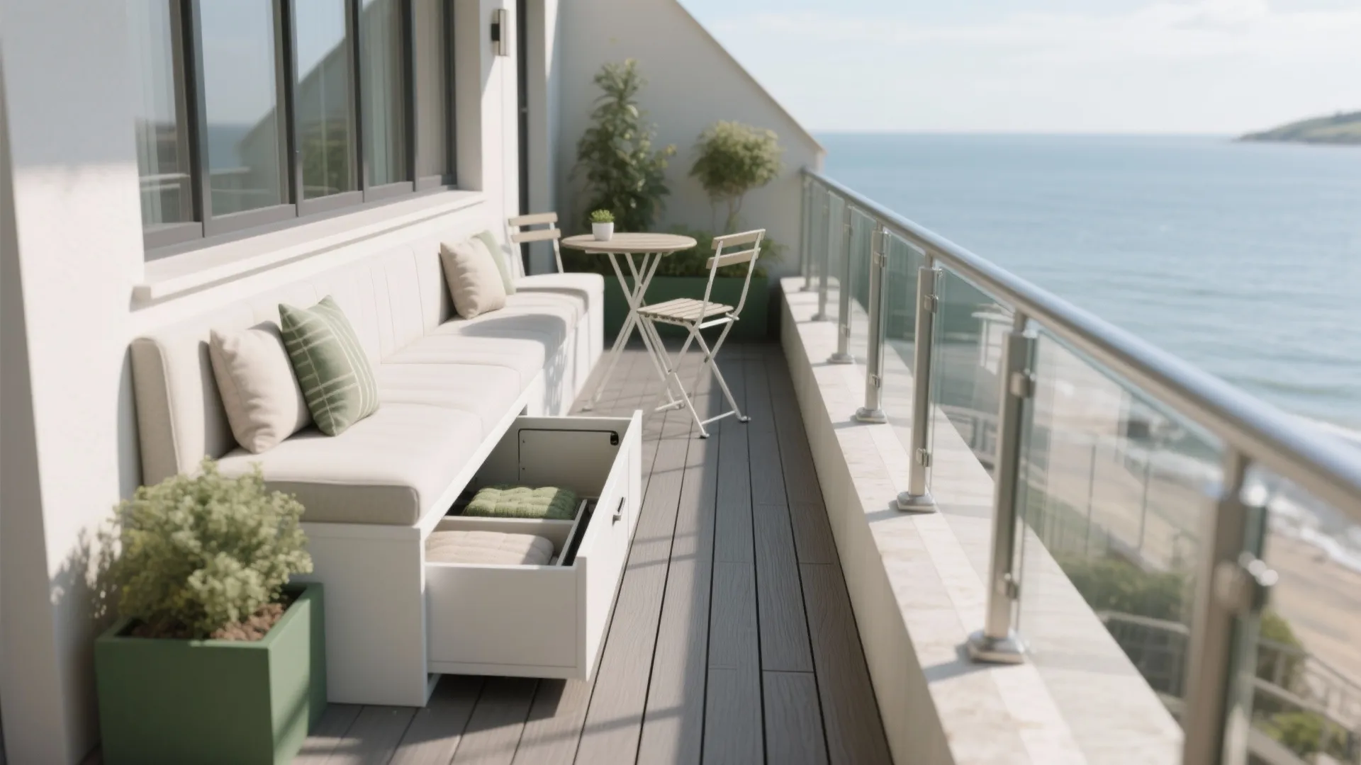 Narrow seating that doubles as storage