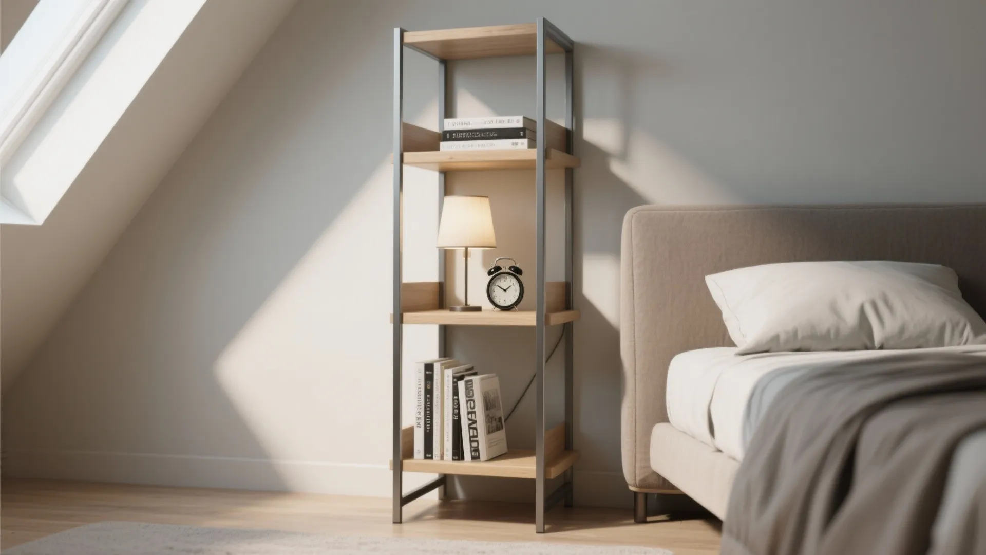 2. Narrow vertical shelving as a nightstand