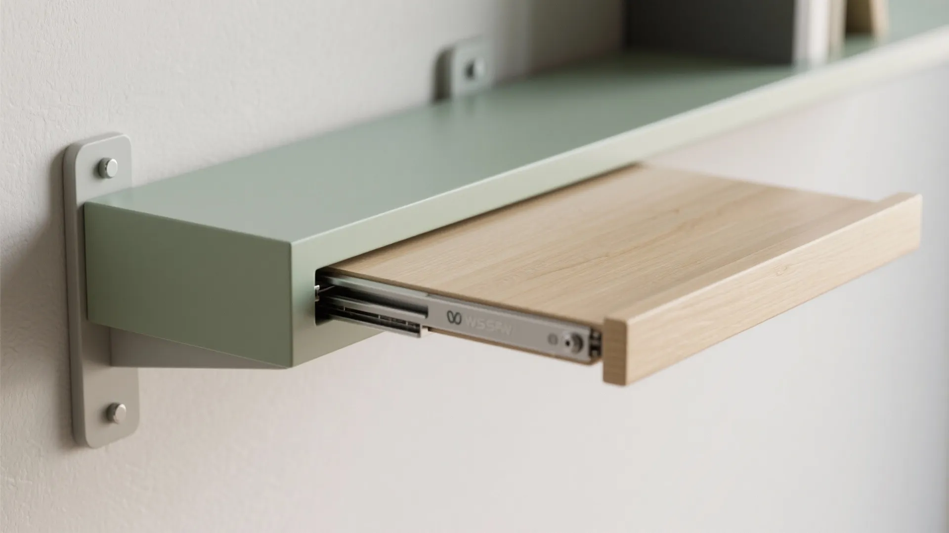 Green wall mounted narrow shelf featuring a hidden pull out wooden drawer for small items storage