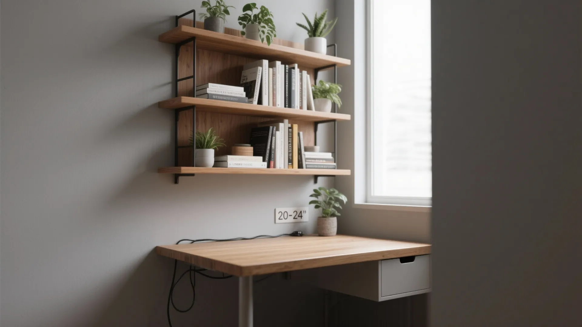 2. Narrow floating shelf desk with vertical shelving