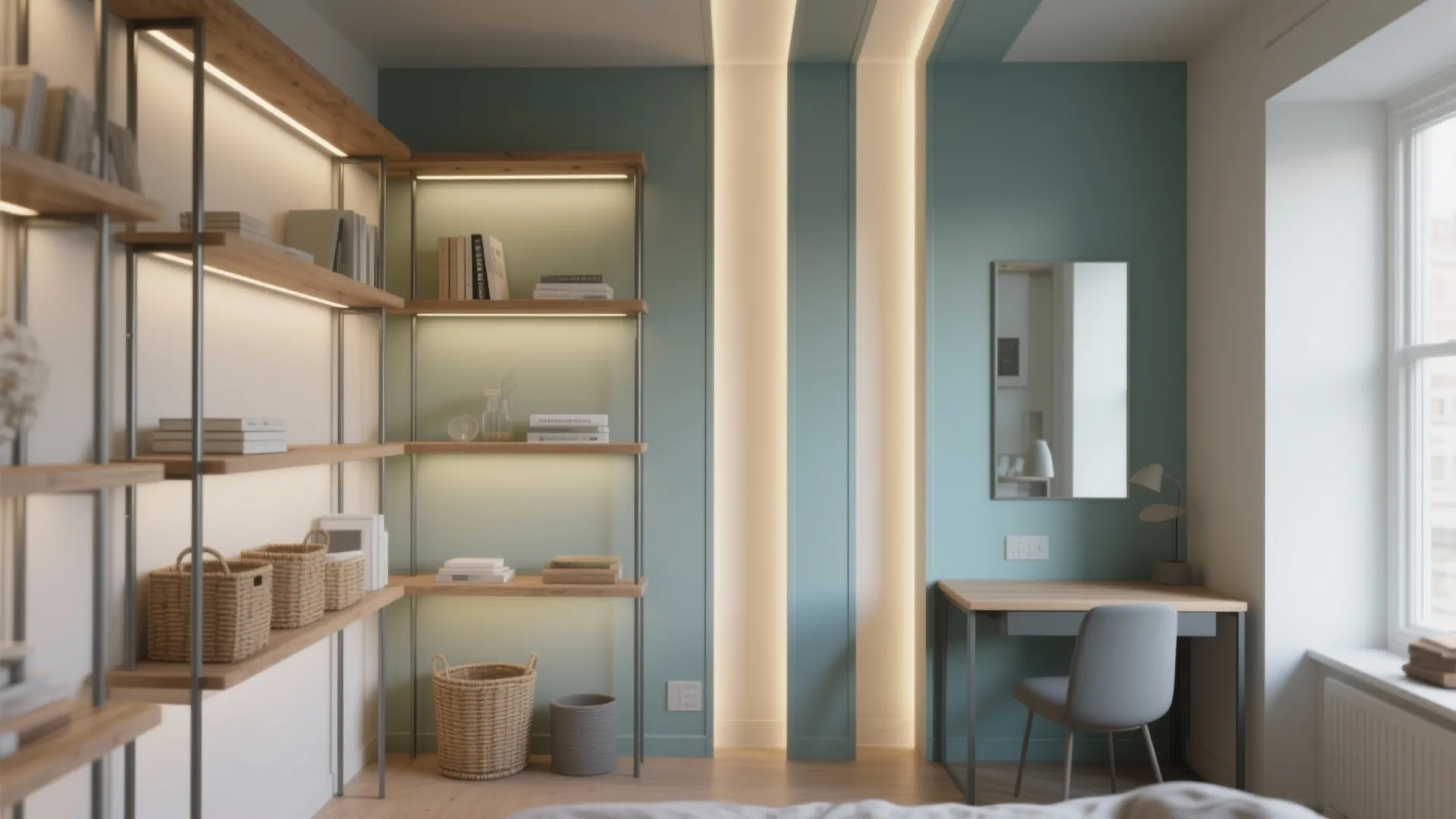 Modern home office with wood wall shelves teal paint wood desk grey chair and window