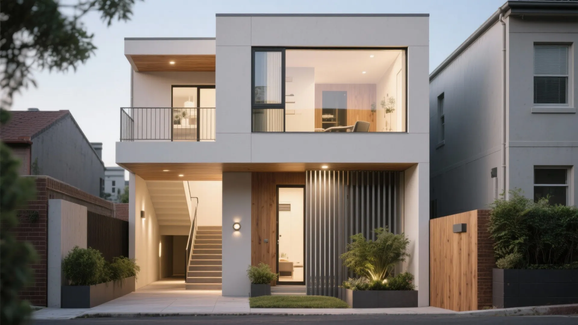 Narrow-lot urban home showing a side Juliet balcony and clerestory windows that boost cross-ventilation and privacy.