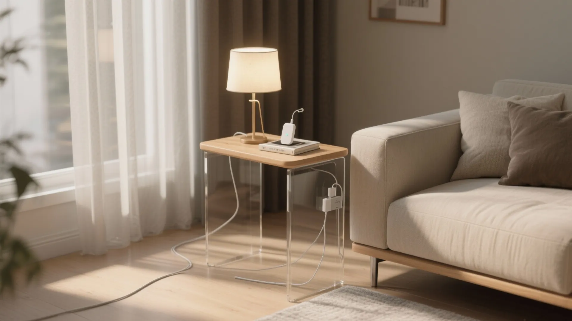 Narrow wood side table with clear legs next to sofa under warm and natural sunlight