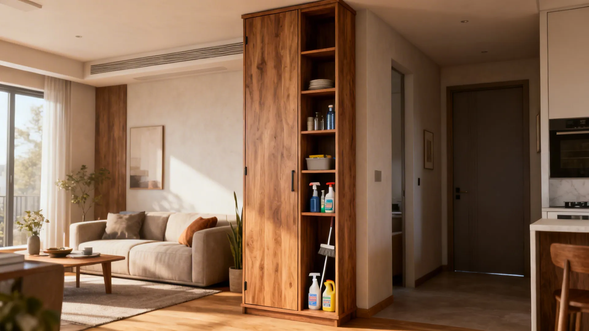 Narrow sideboard-style console with closed doors and concealed storage in a small apartment