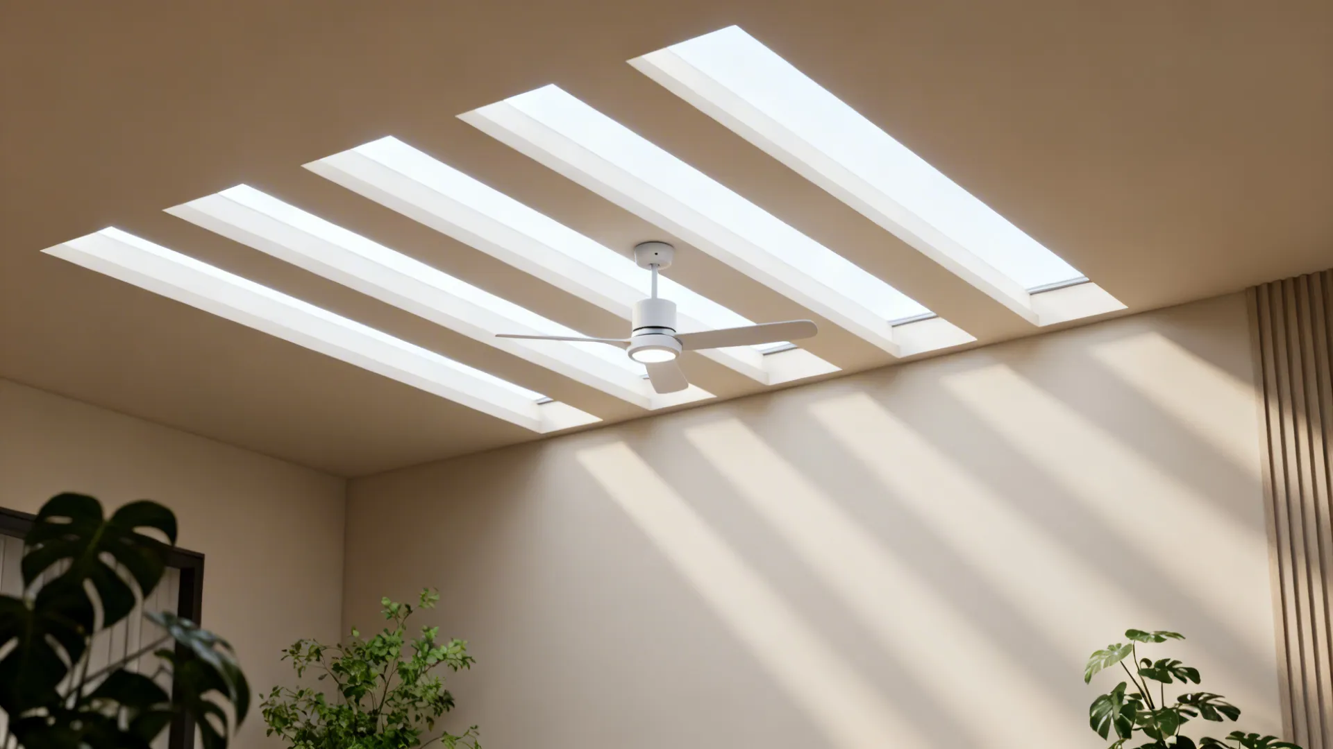 Compact living room ceiling with multiple narrow skylights and a small discreet fan, creating soft even daylight.