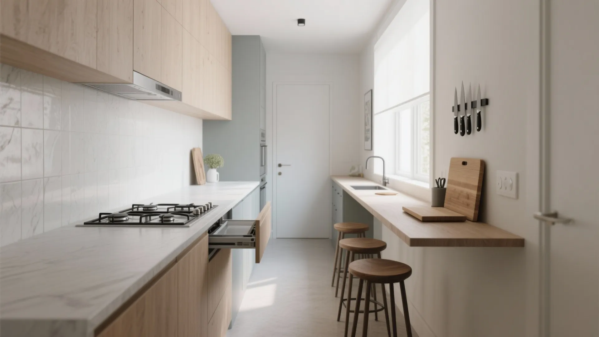 Narrow kitchen interior design with wood cabinets white countertops and a slim breakfast bar area