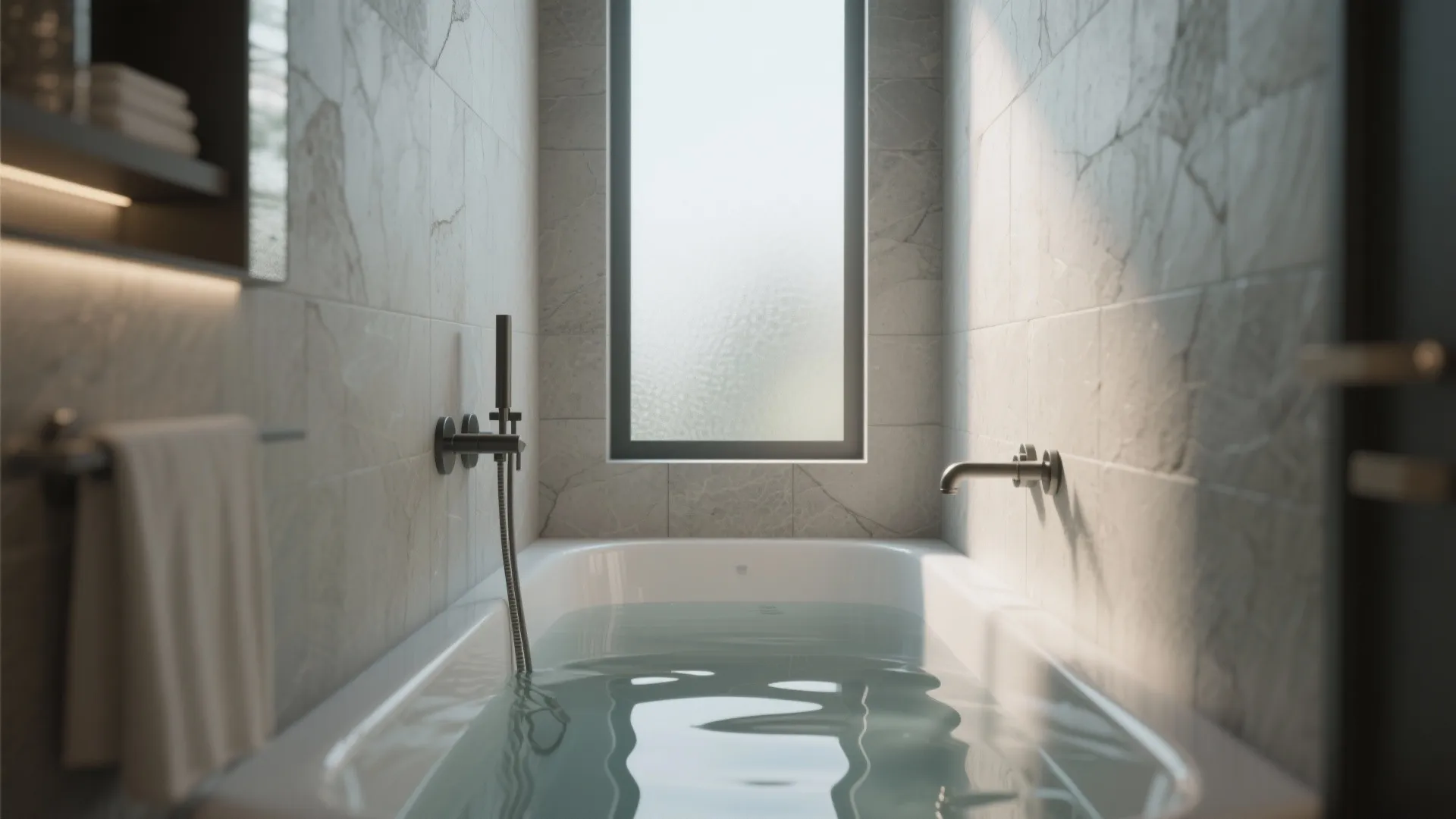 White soaking bathtub filled with water placed in a narrow bathroom with grey stone walls