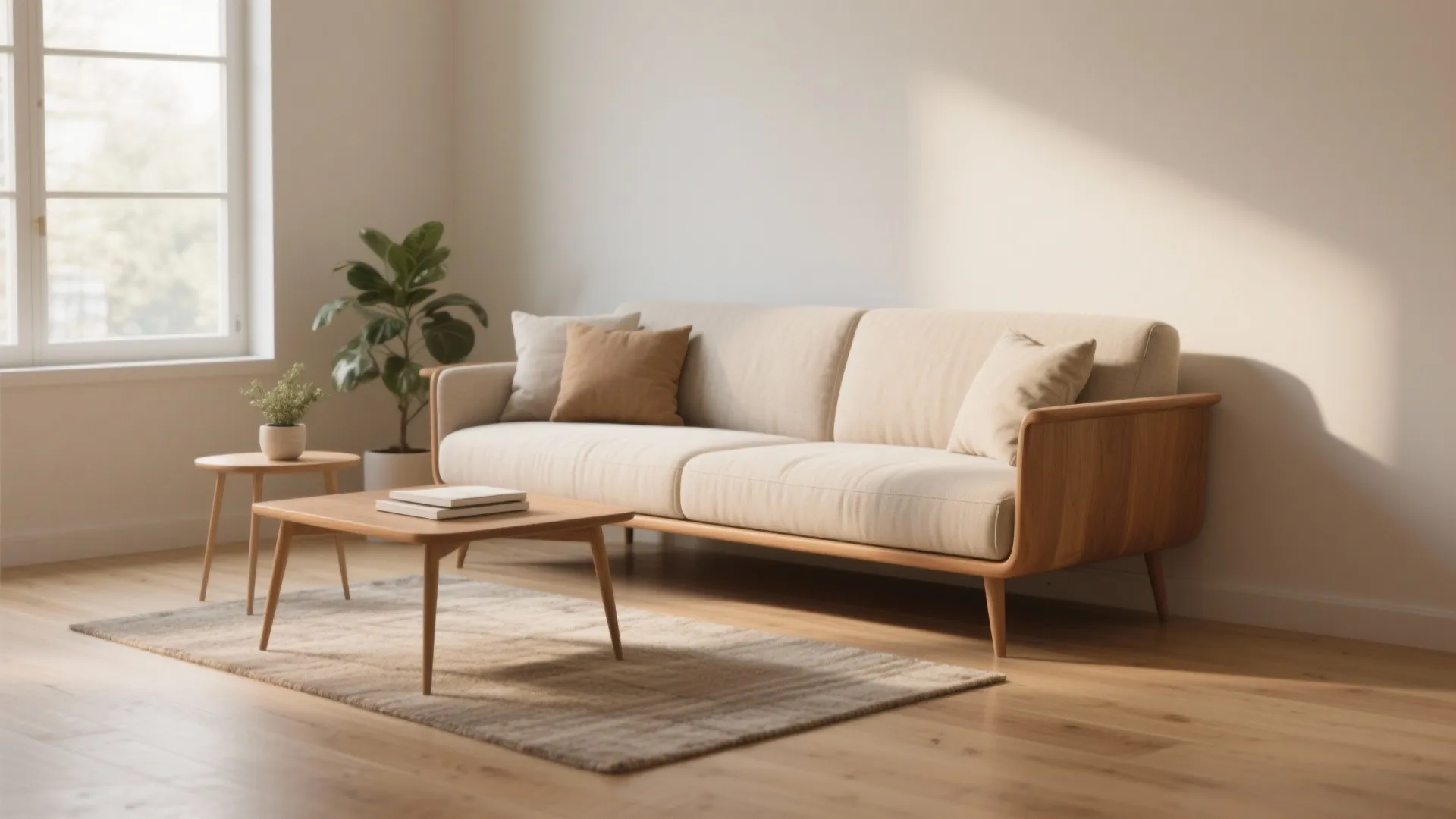 Modern living room featuring a cream sofa with wooden frame wooden coffee table and indoor plants