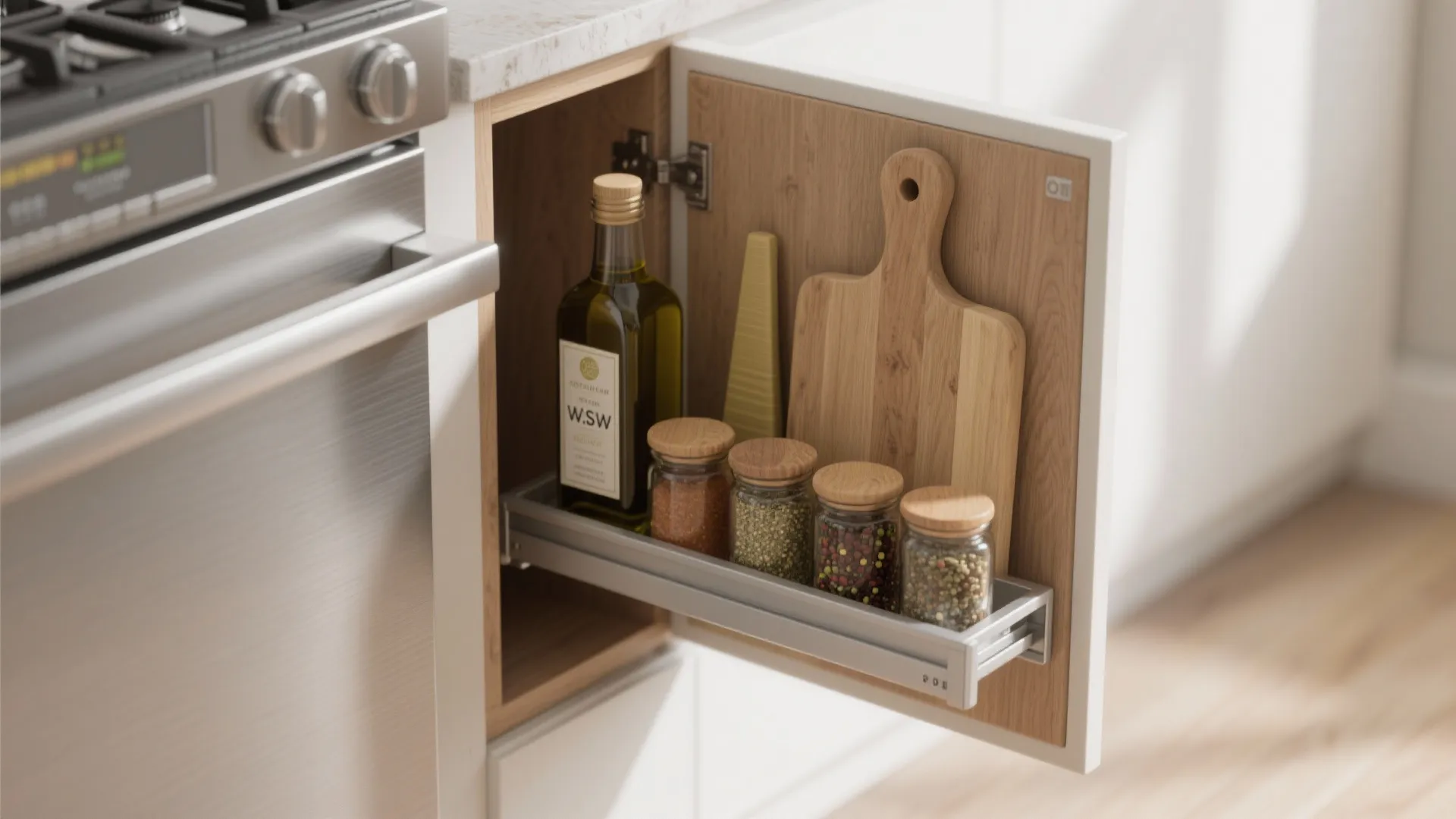 Pull out spice rack on a wooden door containing olive oil glass jars and board