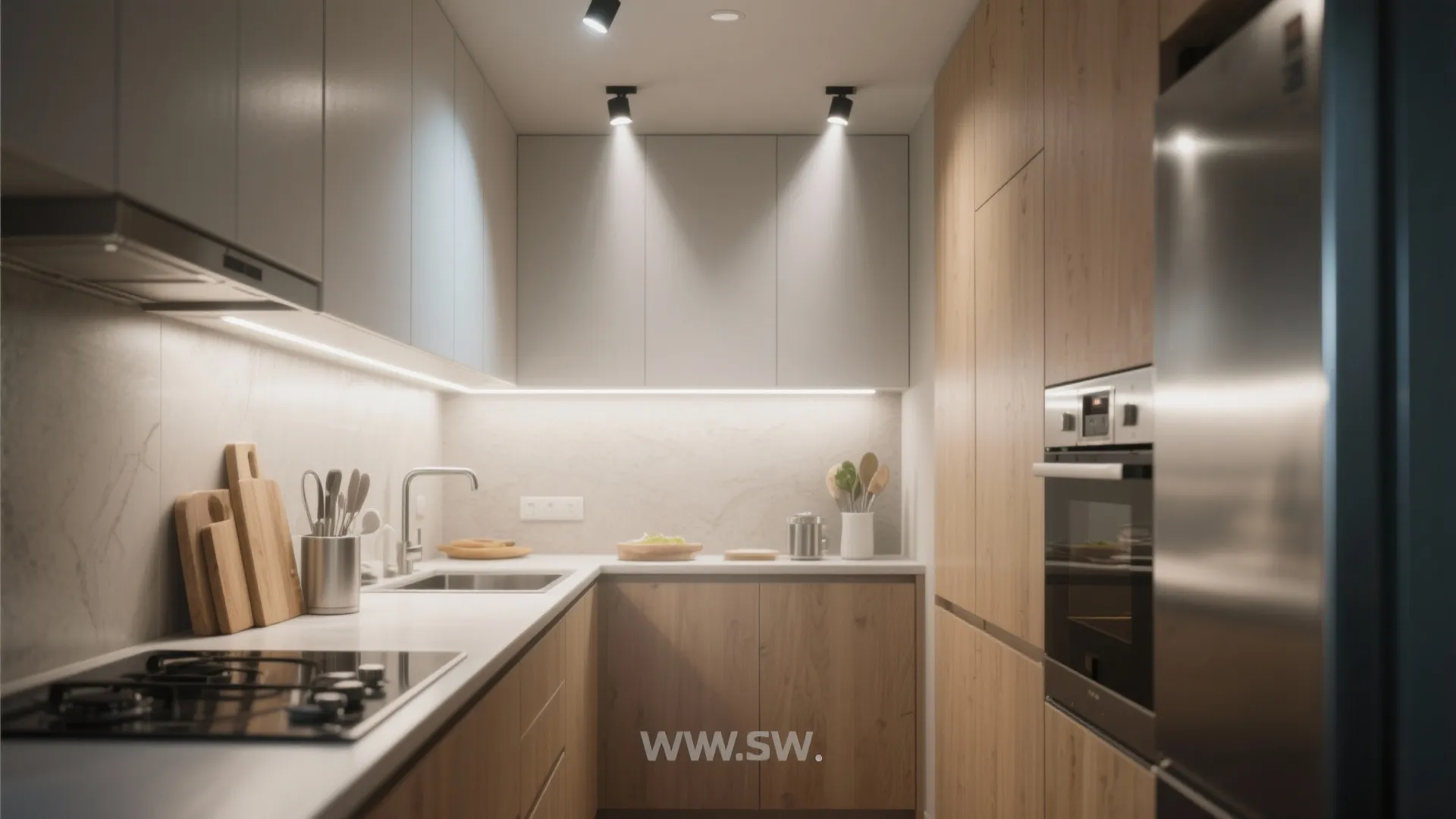 Ceiling grid: narrow-beam spots plus soft fill