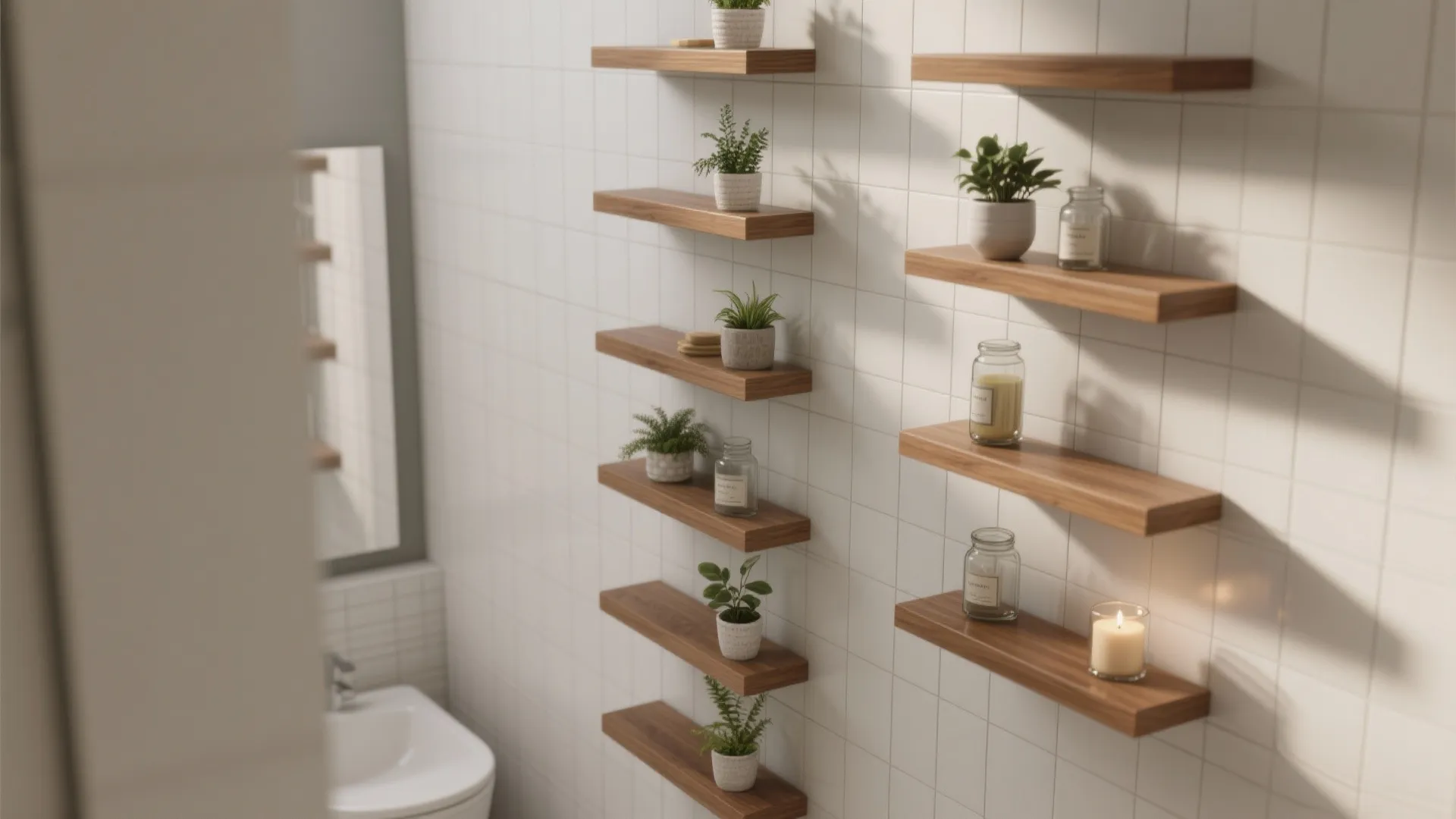 White tiled bathroom wall with many small wooden shelves holding green plants and glass candles