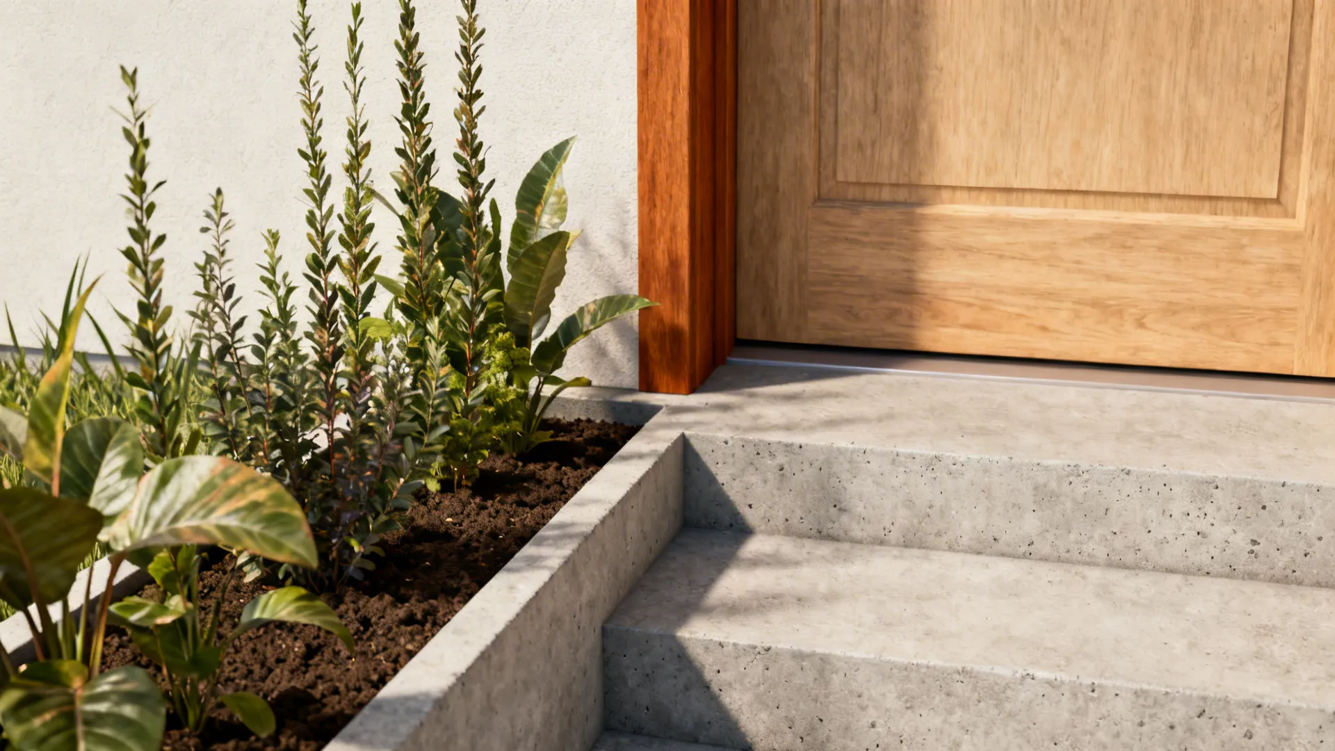 Slim porch with narrow shallow steps and a built-in planter with greenery.