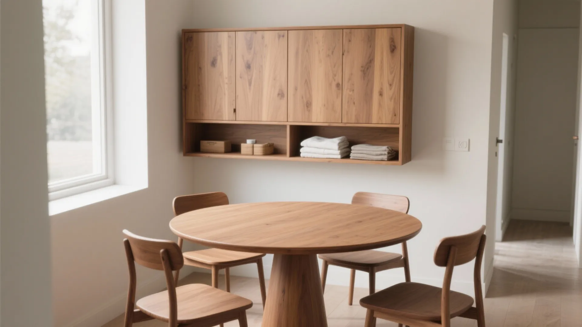 Round wooden table with four chairs and a large wooden cabinet on a white wall
